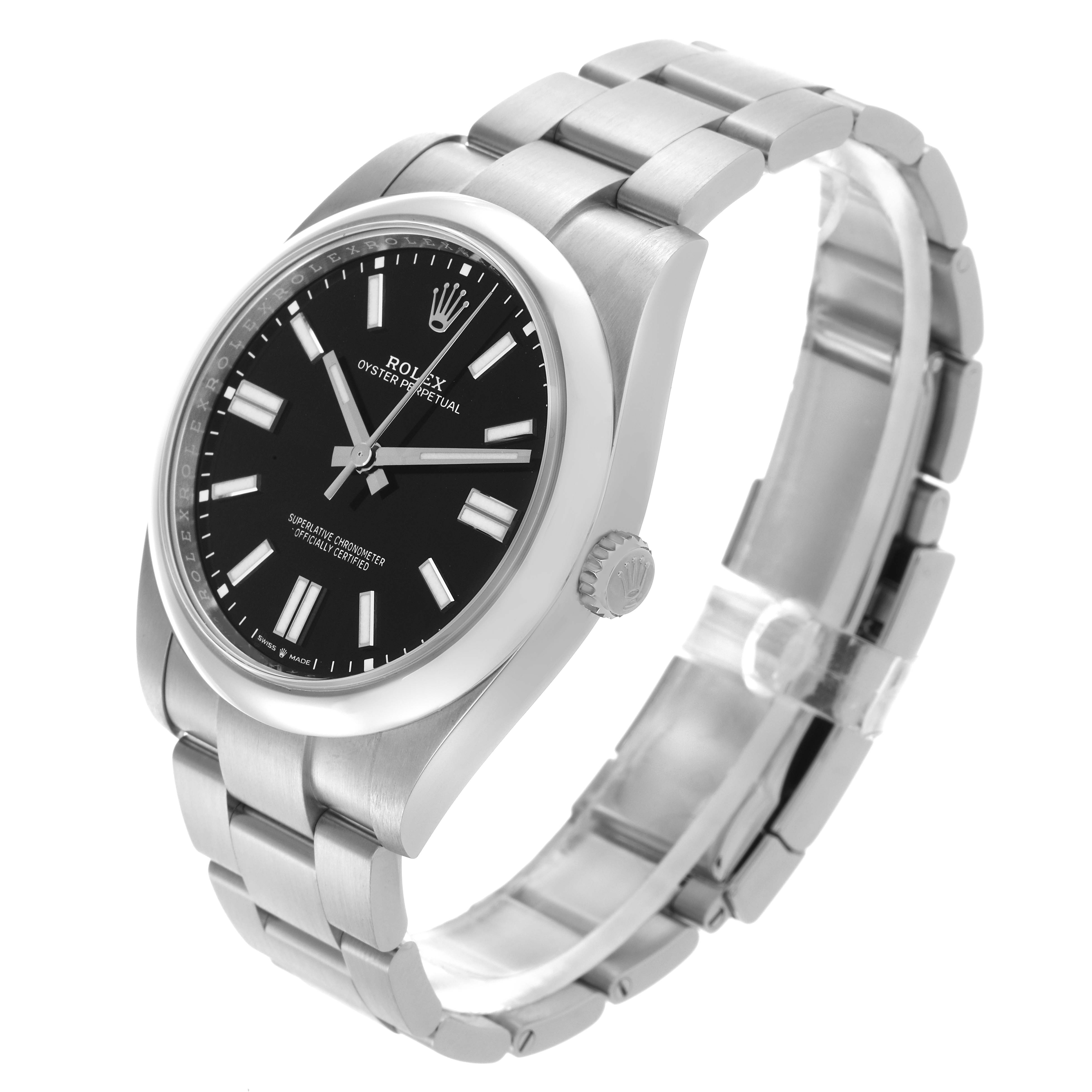 The Rolex Oyster Perpetual 124300 Men
s Stainless Steel Black Dial 124300 Men
s Stainless Steel Black Dial watch is shown at a three-quarter angle, displaying the bracelet, bezel, dial, and crown.