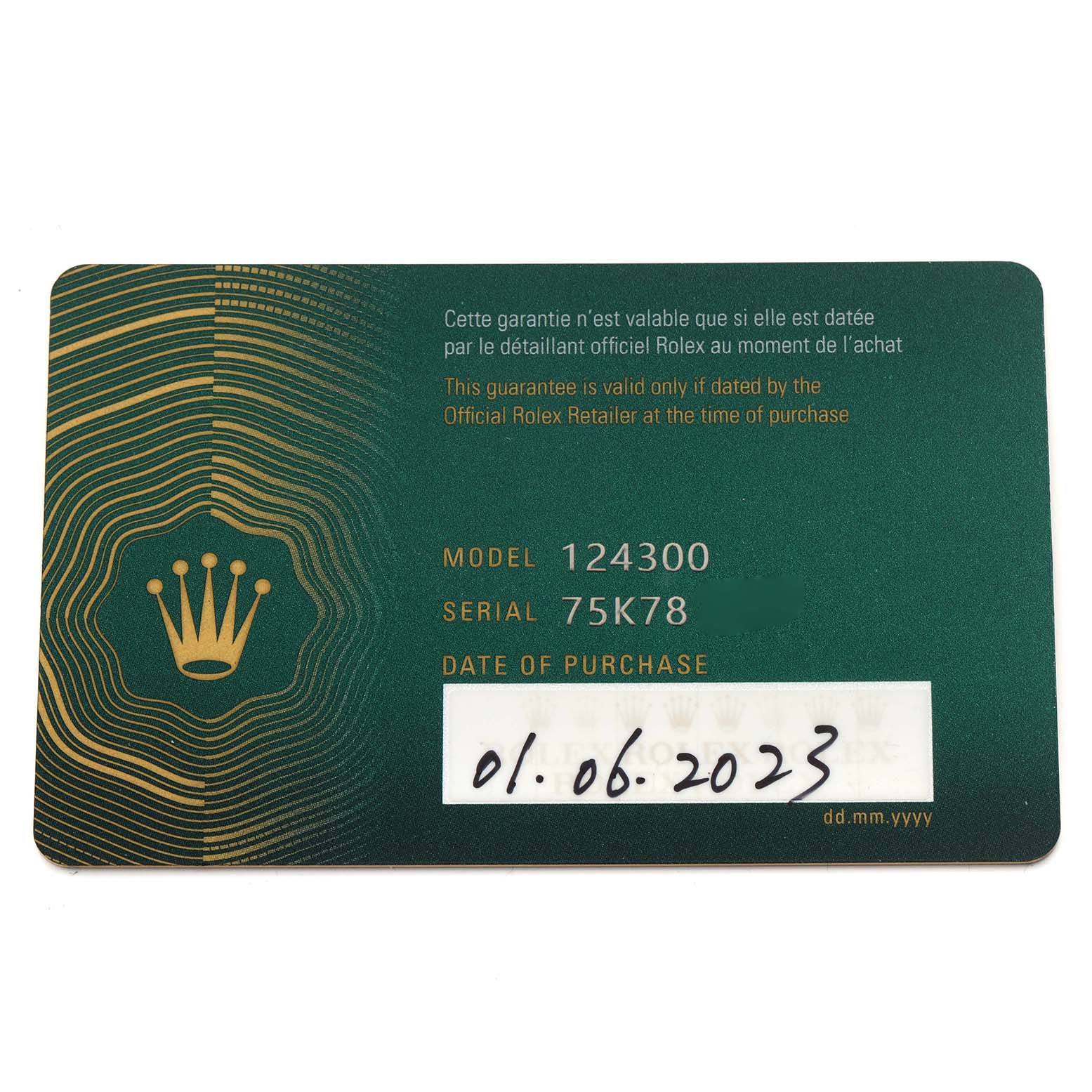 The image shows a warranty card for the Rolex Oyster Perpetual 124300 Men
s Stainless Steel Black Dial 124300 Men
s Stainless Steel Black Dial, model 124300, displaying the model, serial number, and purchase date.