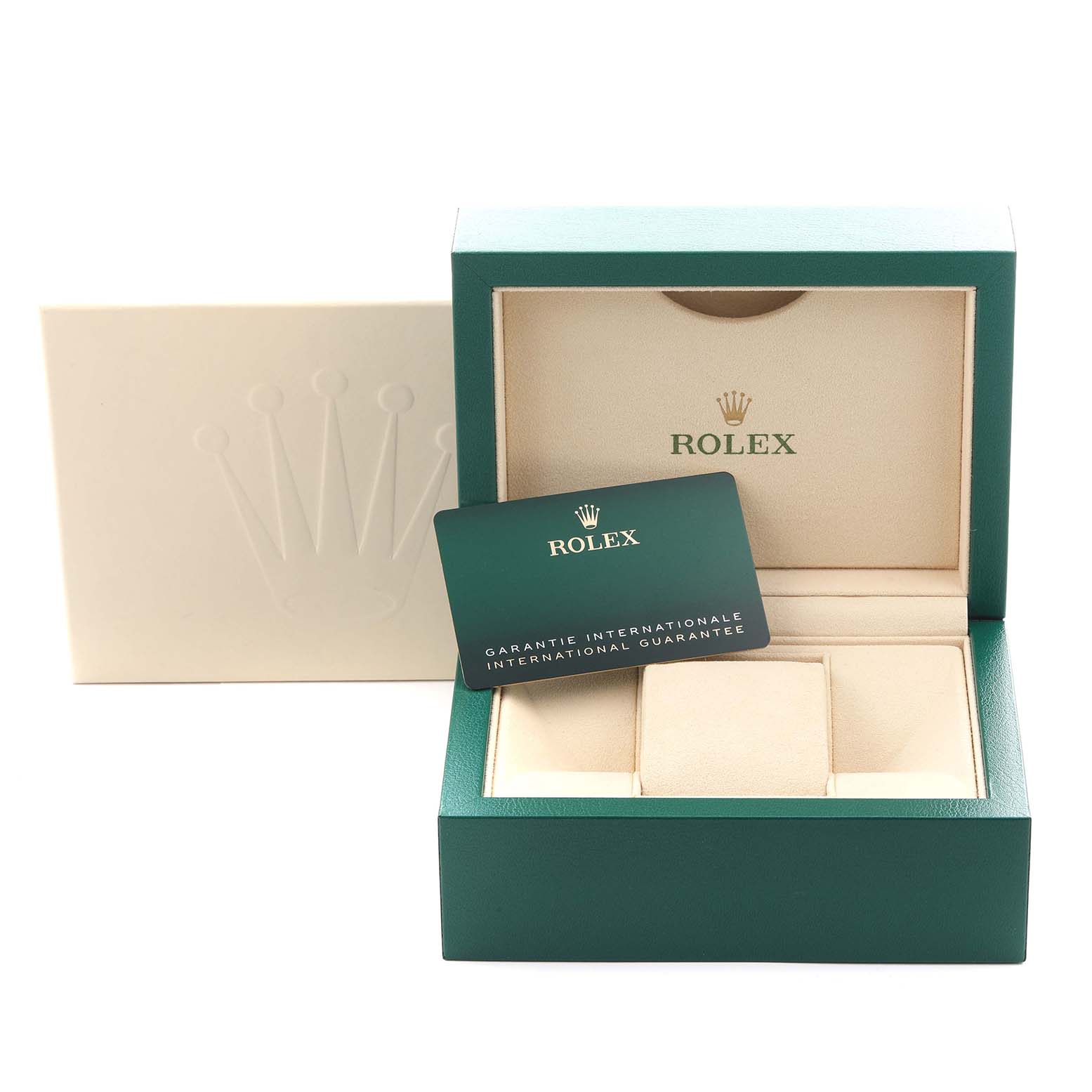 The image shows a Rolex Oyster Perpetual 124300 Men
s Stainless Steel Black Dial 124300 Men
s Stainless Steel Black Dial watch box and international warranty card, viewed from the front.