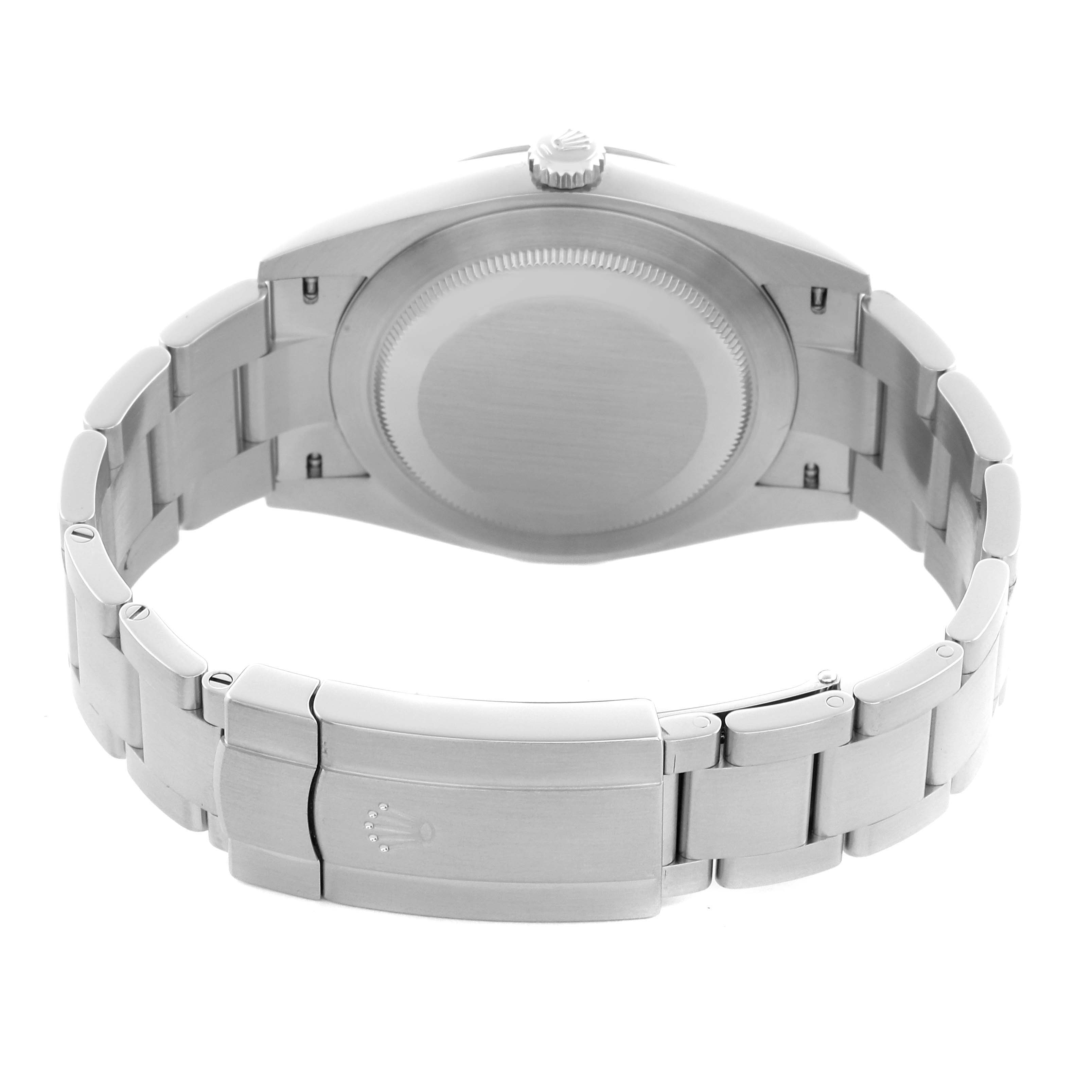 The image shows the case back and bracelet of a Rolex Oyster Perpetual 124300 Men
s Stainless Steel Black Dial 124300 Men
s Stainless Steel Black Dial watch viewed from the rear.