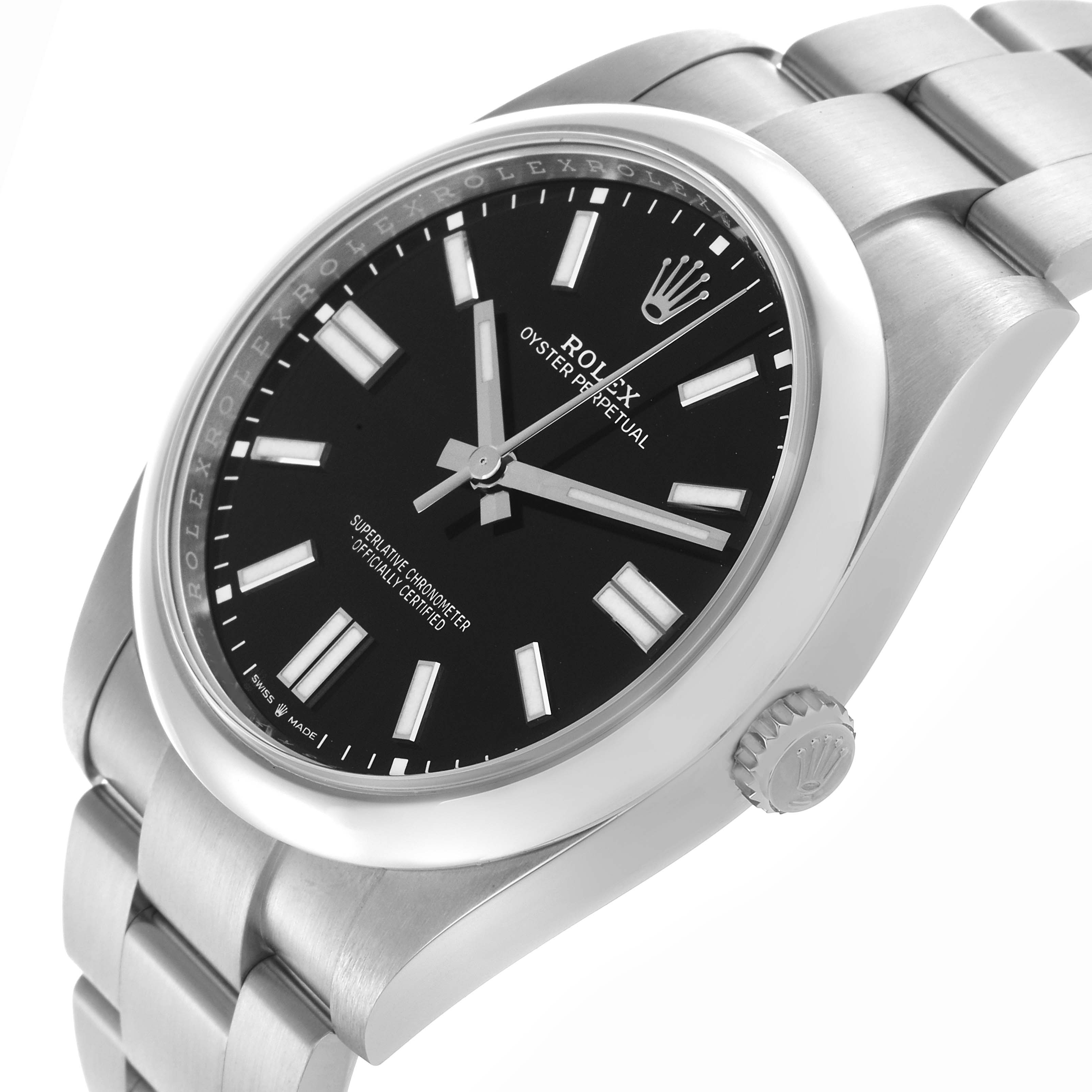 The Rolex Oyster Perpetual 124300 Men
s Stainless Steel Black Dial 124300 Men
s Stainless Steel Black Dial watch is shown at an angle highlighting the dial, crown, and part of the bracelet.