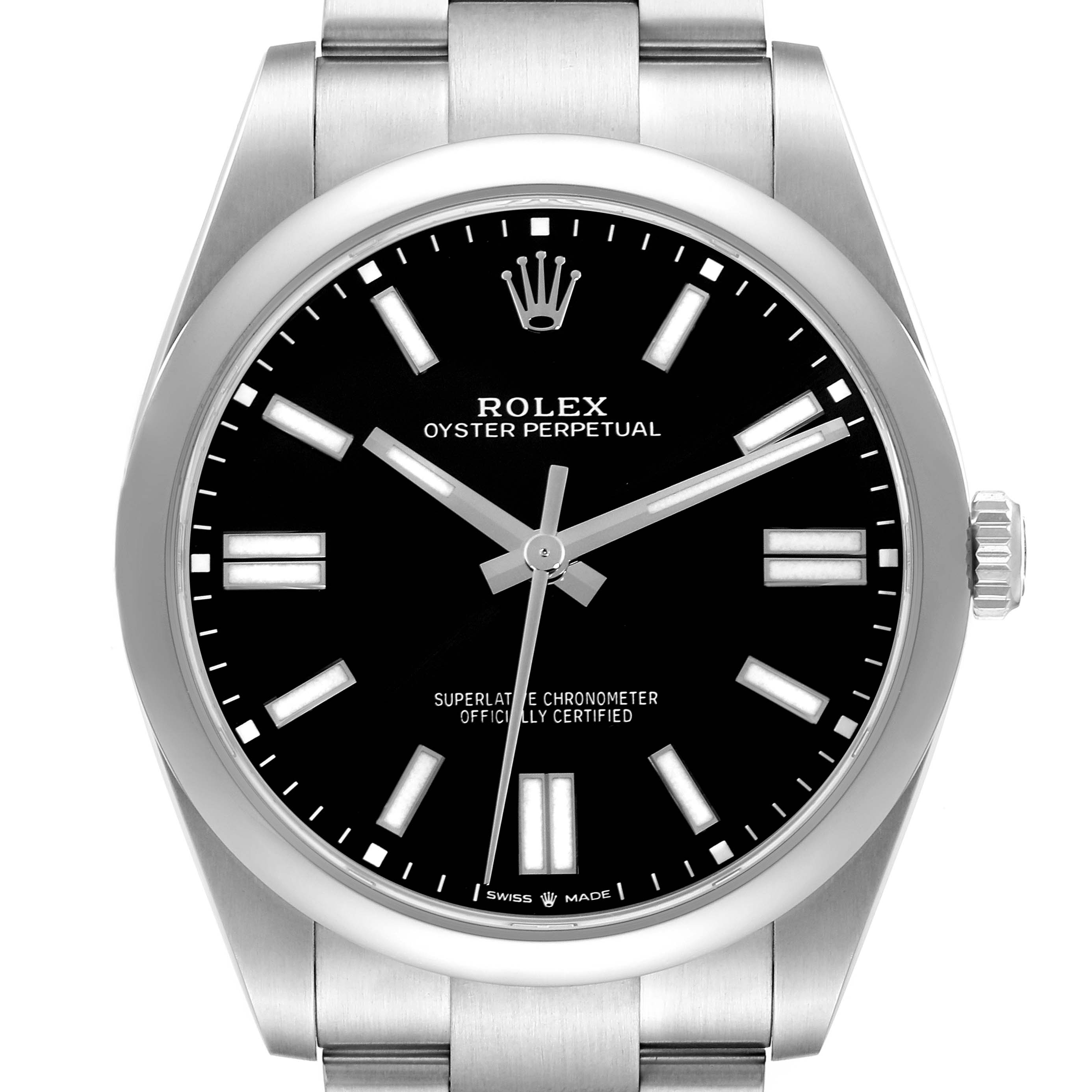 The Rolex Oyster Perpetual 124300 Men
s Stainless Steel Black Dial 124300 Men
s Stainless Steel Black Dial watch is shown from a front angle, displaying the dial, hands, hour markers, bezel, and part of the bracelet.