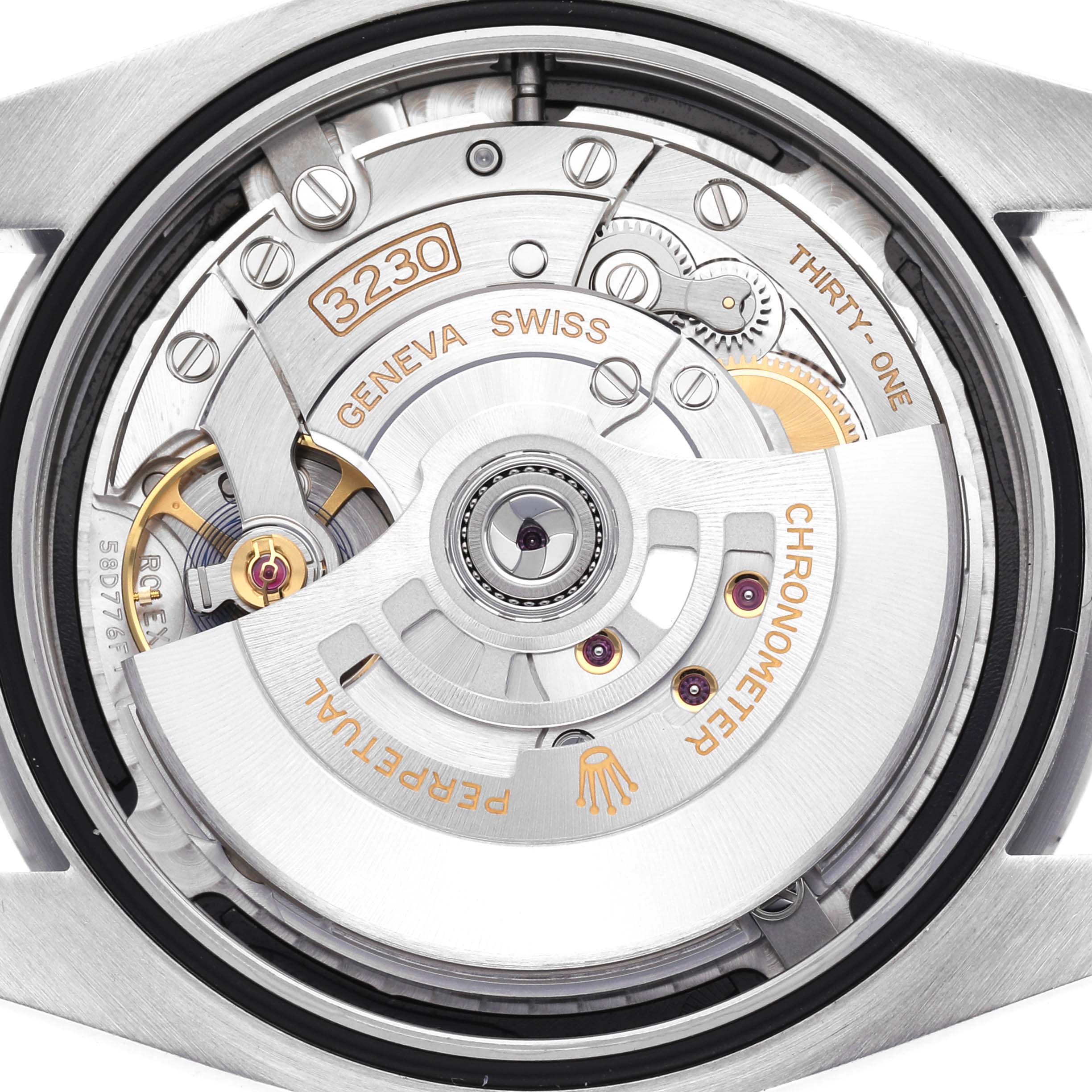 The image shows the movement mechanism of a Rolex Oyster Perpetual 124300 Men
s Stainless Steel Black Dial 124300 Men
s Stainless Steel Black Dial from the back, highlighting the rotor and gears.