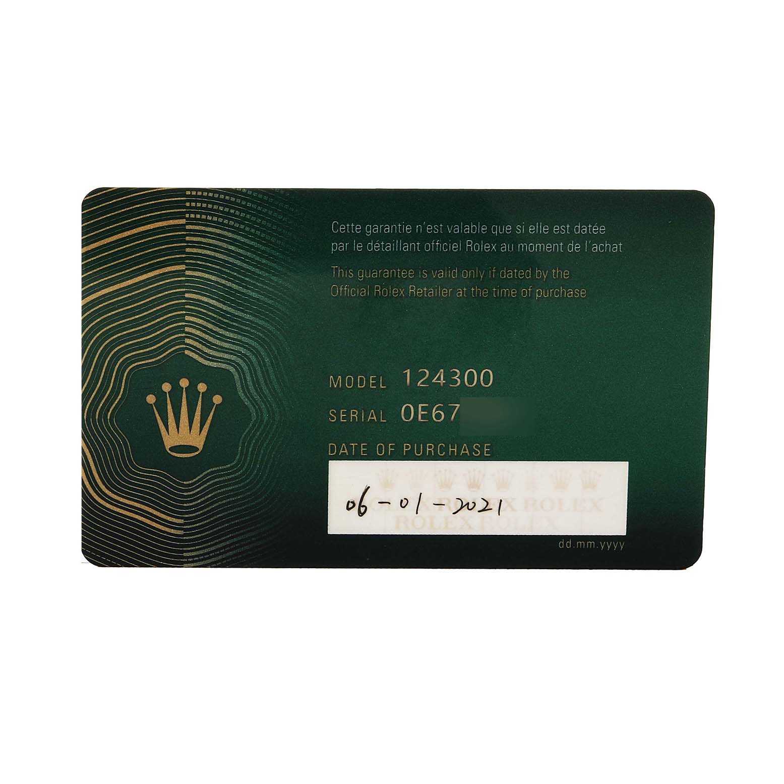 The image shows the warranty card for a Rolex Oyster Perpetual 124300 Men's Stainless Steel Blue Dial, model 124300, displaying the model and serial number.