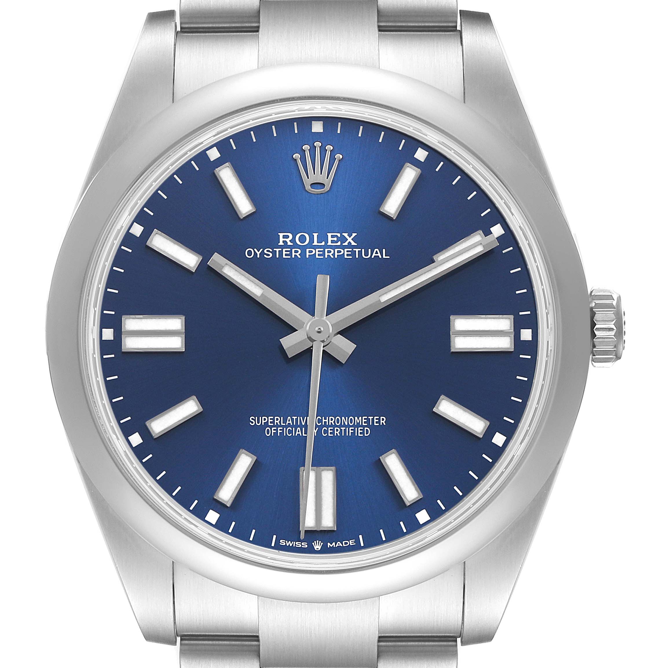 The image shows a close-up, front-facing view of the Rolex Oyster Perpetual 124300 Men's Stainless Steel Blue Dial watch, highlighting the blue dial and stainless steel bracelet.