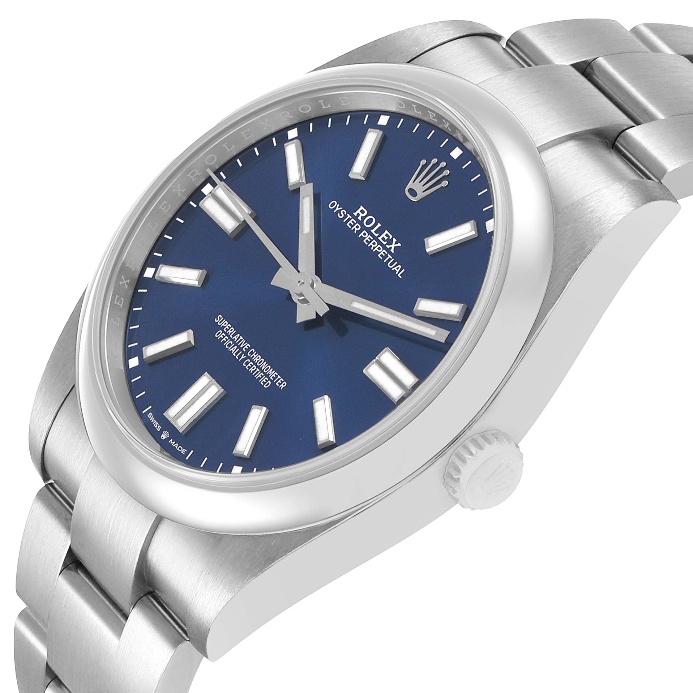 The Rolex Oyster Perpetual 124300 Men's Stainless Steel Blue Dial watch is shown at a tilted angle, displaying the face, bezel, bracelet, and crown.
