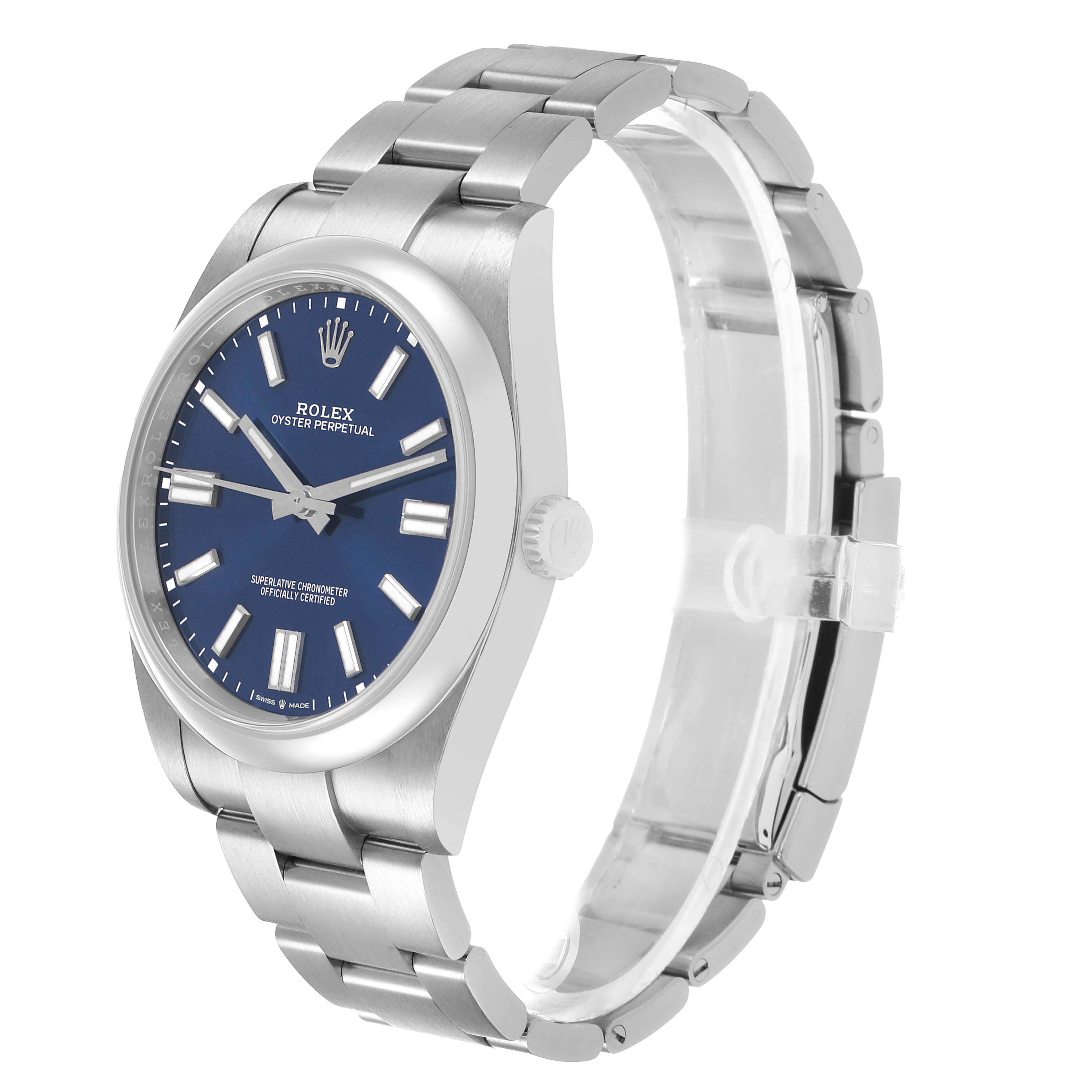 The Rolex Oyster Perpetual 124300 Men's Stainless Steel Blue Dial watch is shown at a three-quarter angle, highlighting the face, bezel, crown, and bracelet.