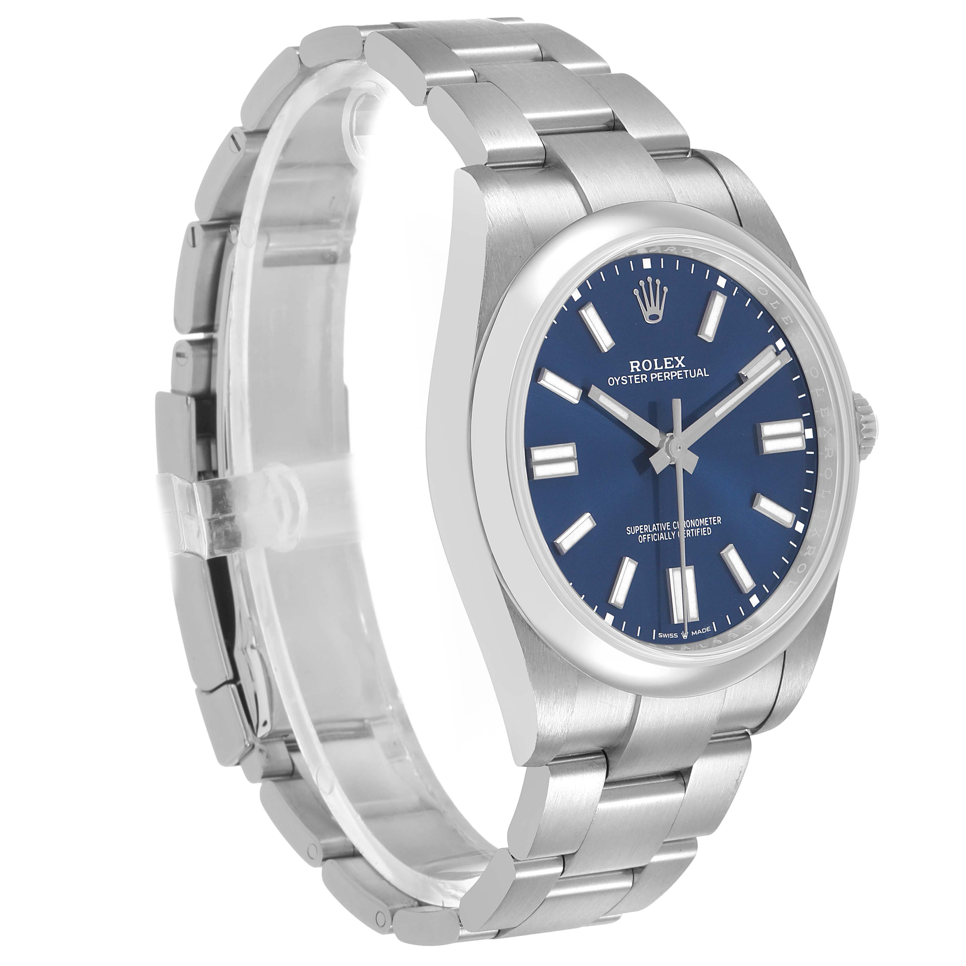 The Rolex Oyster Perpetual 124300 Men's Stainless Steel Blue Dial watch is displayed at a three-quarter angle, showing the bracelet, bezel, and blue dial with indices.