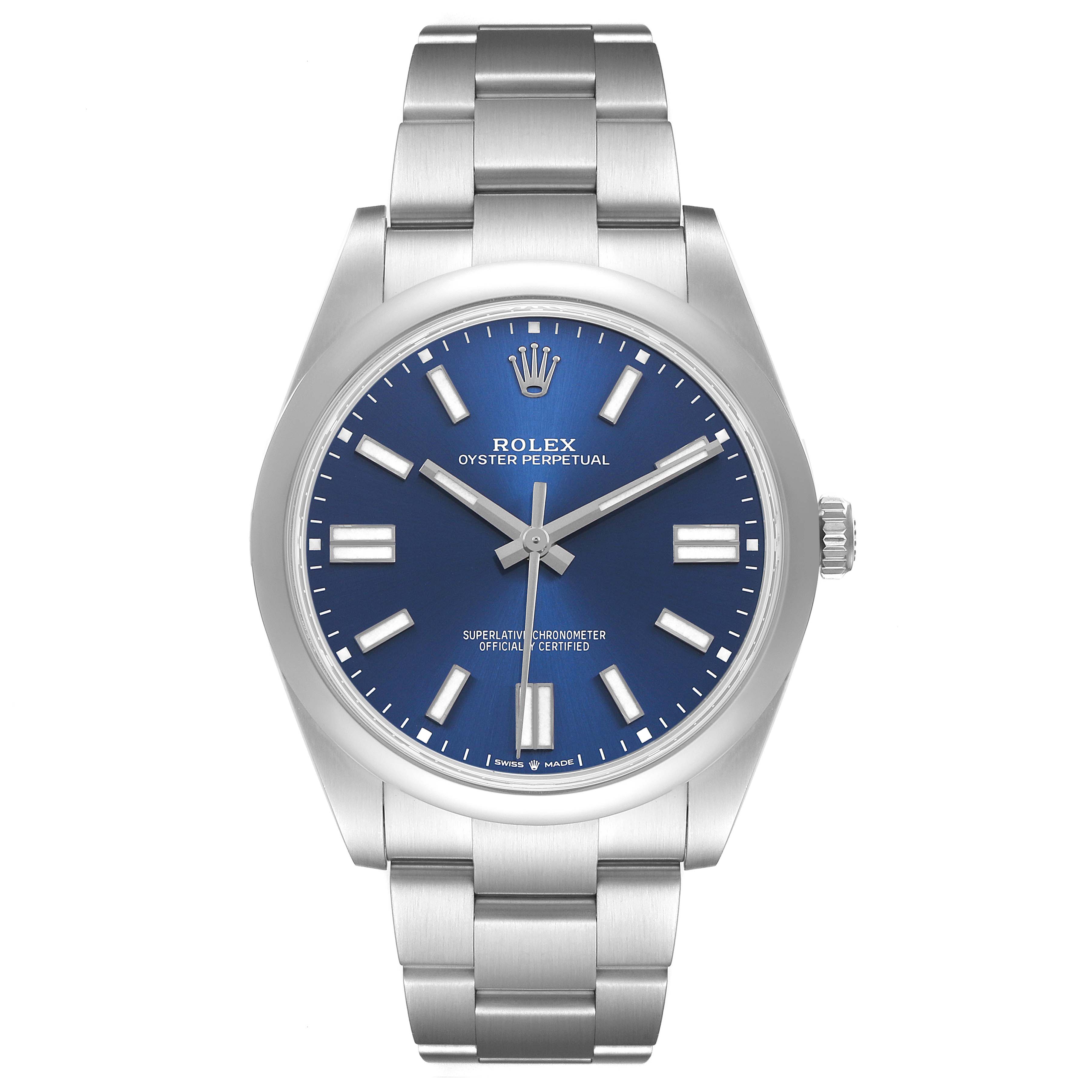 The Rolex Oyster Perpetual 124300 Men's Stainless Steel Blue Dial watch is shown from the front, displaying the dial, case, bezel, and bracelet clearly.