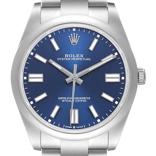 The Rolex Oyster Perpetual 124300 Men's Stainless Steel Blue Dial watch is shown from the front, highlighting its blue dial, hour markers, hands, and crown.