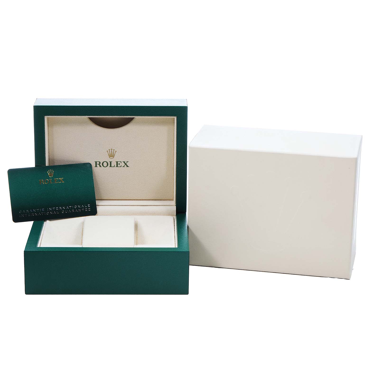 The image shows the packaging for a Rolex Oyster Perpetual 124300 Men's Stainless Steel Blue Dial watch, including the box, cushion, and warranty card.