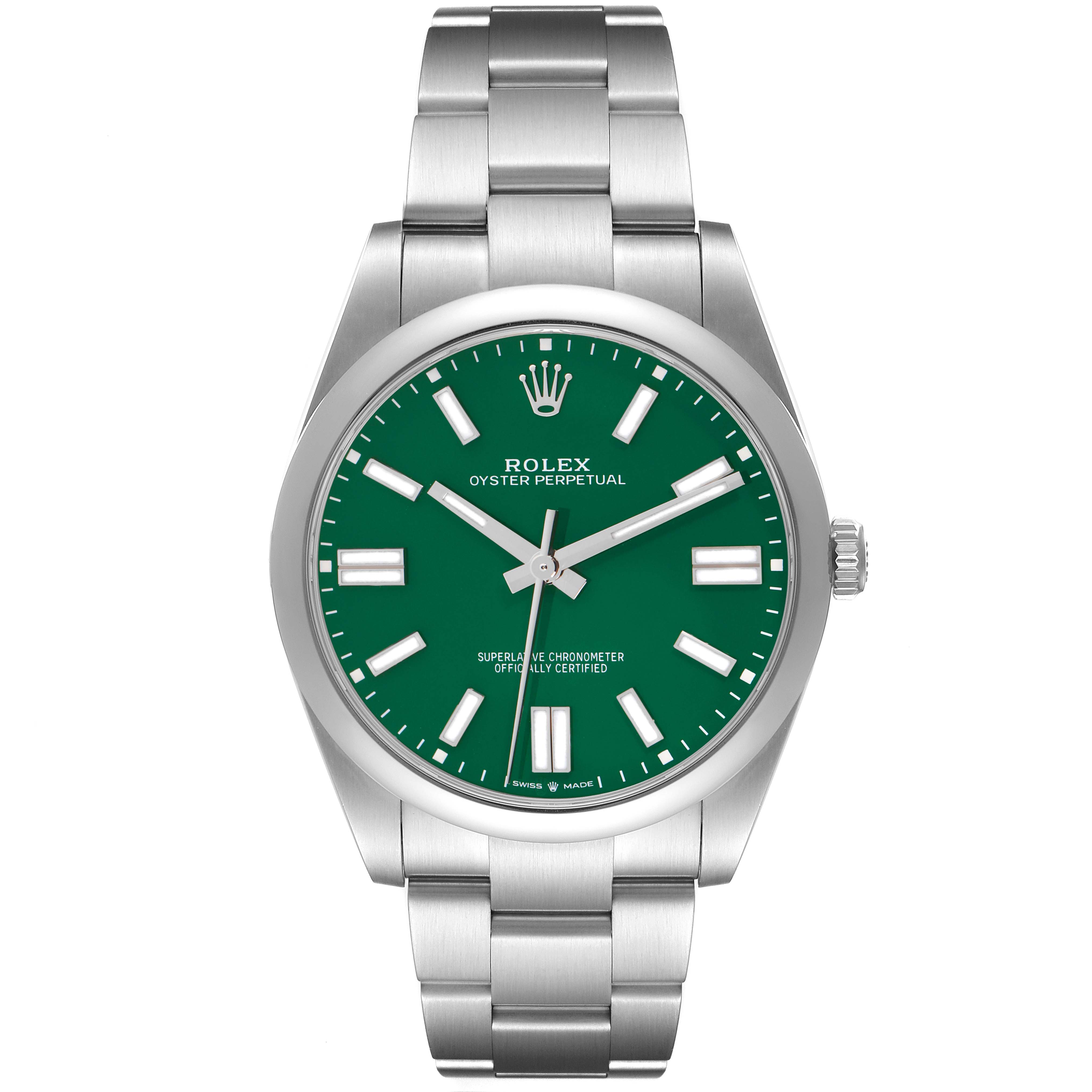 The image shows a front view of a Rolex Oyster Perpetual 124300 Men
s Stainless Steel Green Dial 124300 Men
s Stainless Steel Green Dial watch with a green dial and silver bracelet.