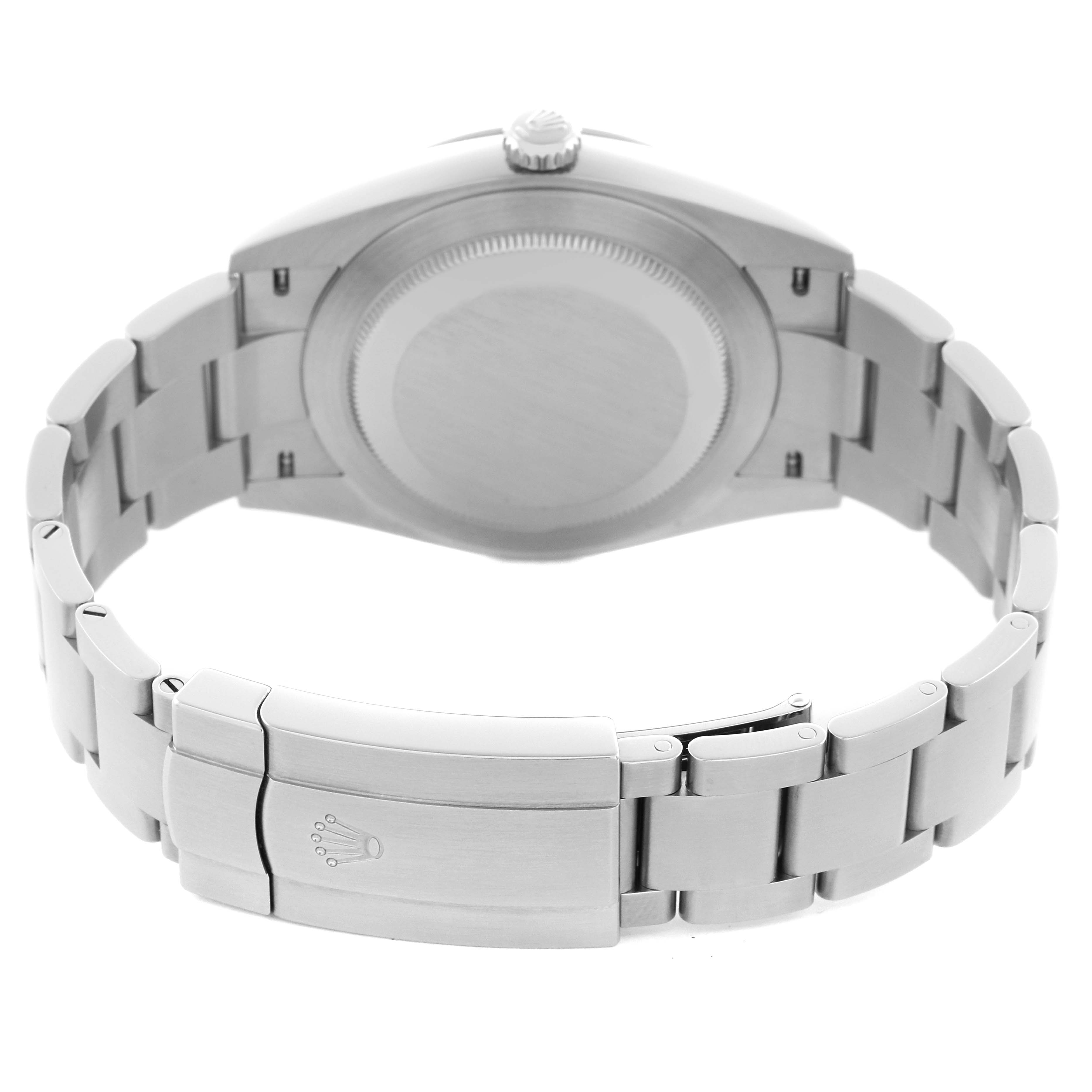 The image shows the back and bracelet of a Rolex Oyster Perpetual 124300 Men
s Stainless Steel Green Dial 124300 Men
s Stainless Steel Green Dial, focusing on the clasp and case back.