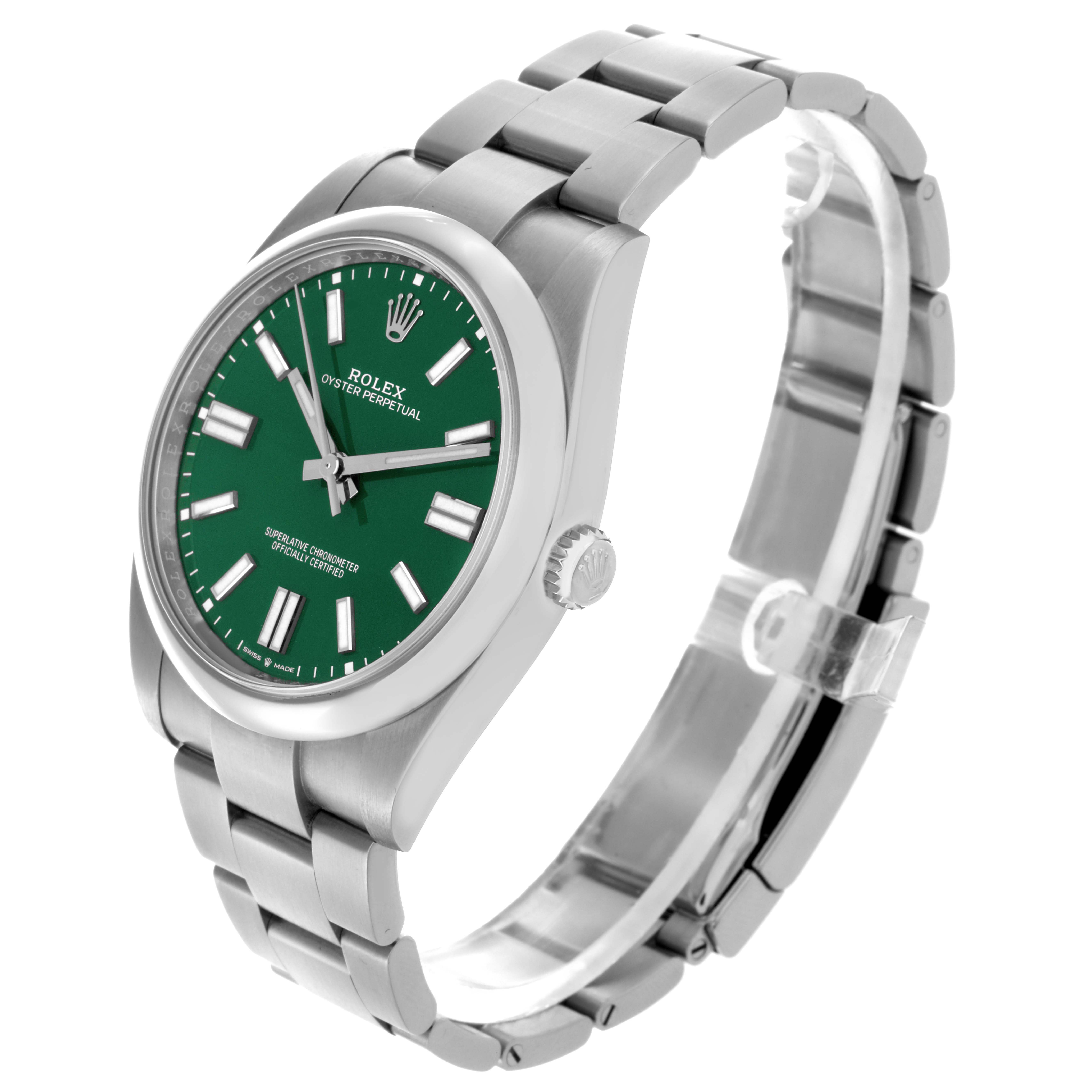 The Rolex Oyster Perpetual 124300 Men
s Stainless Steel Green Dial 124300 Men
s Stainless Steel Green Dial watch is shown at a three-quarter angle, displaying the dial, bracelet, and crown.