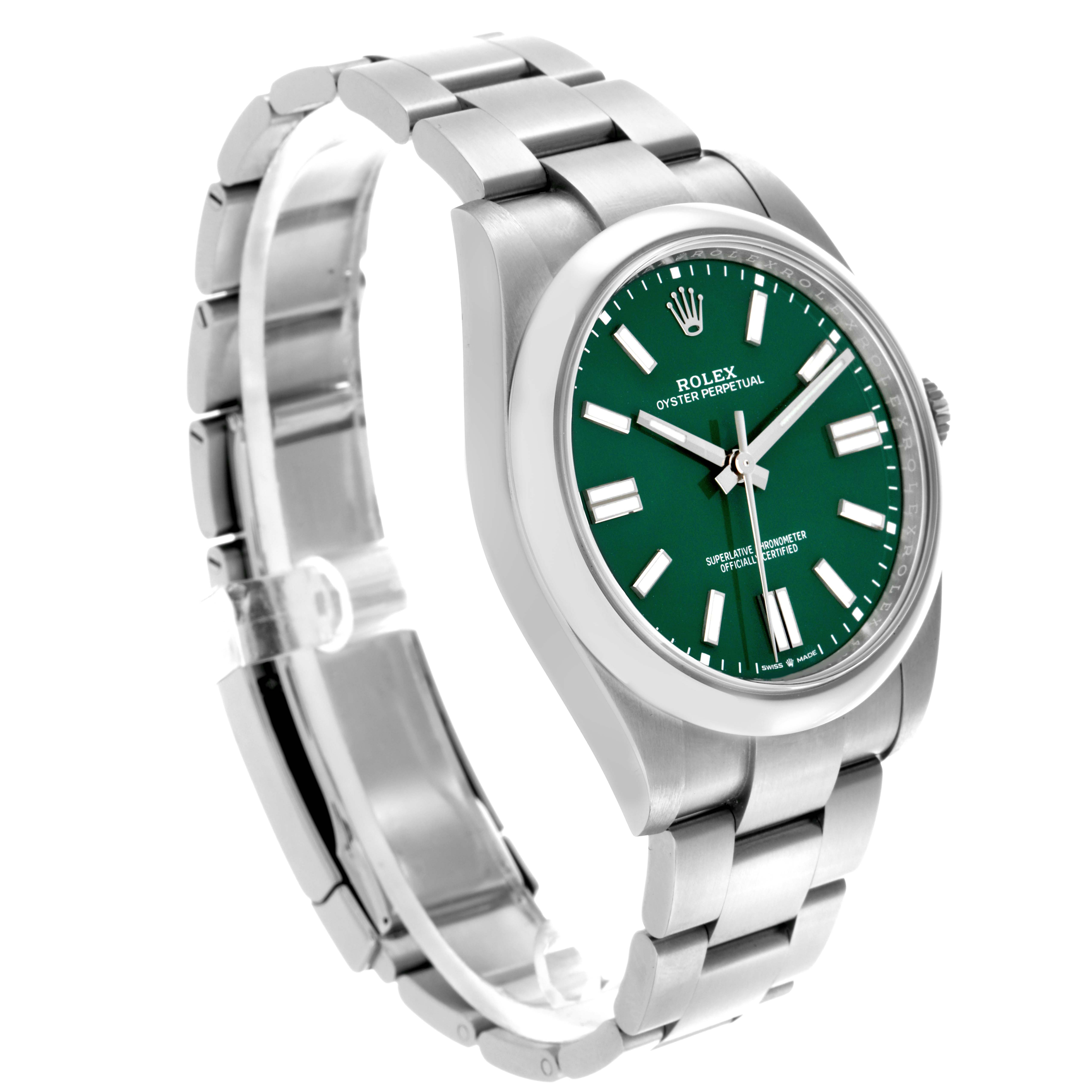 The Rolex Oyster Perpetual 124300 Men
s Stainless Steel Green Dial 124300 Men
s Stainless Steel Green Dial watch is shown at a three-quarter angle, highlighting the green dial, bezel, and metal bracelet.