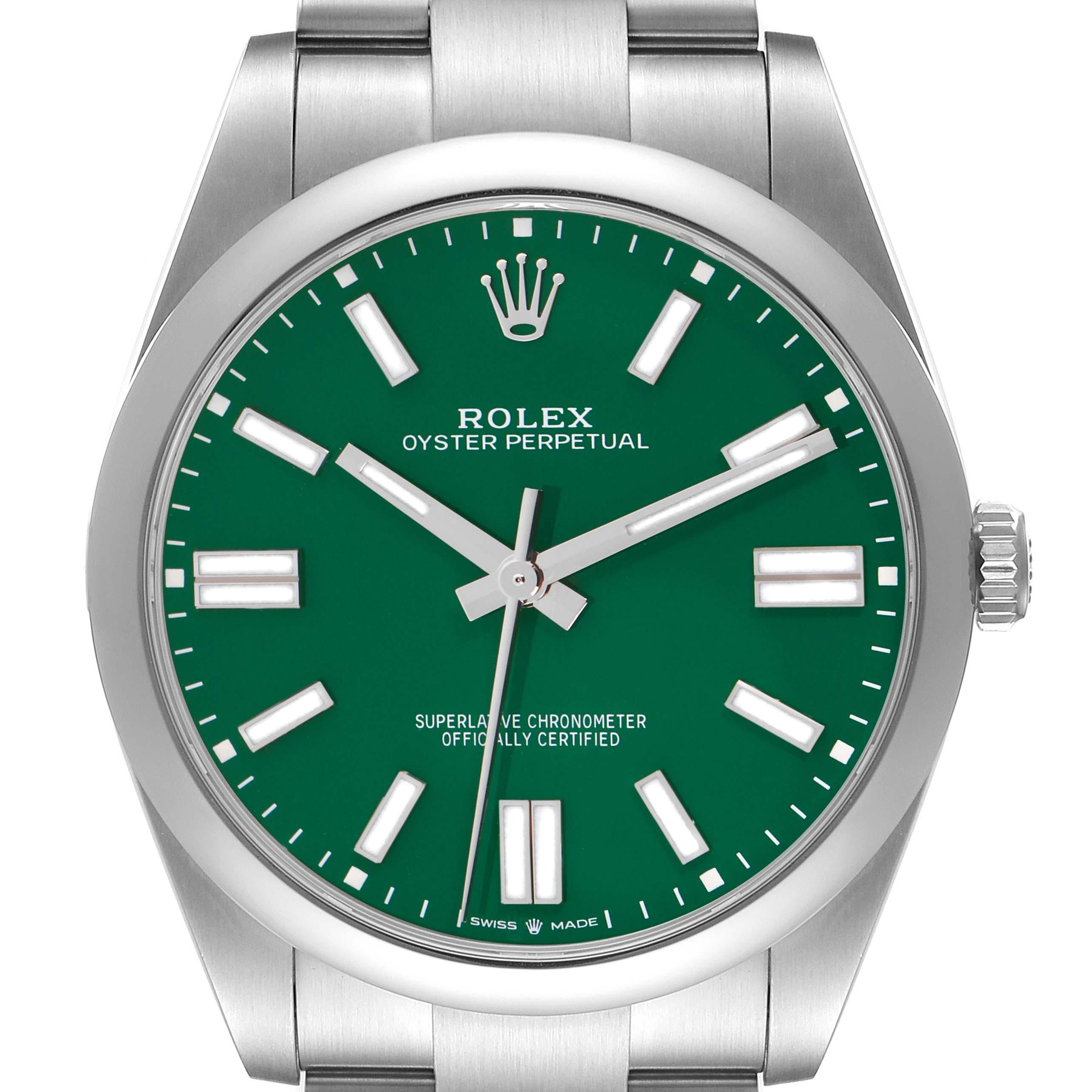 The Rolex Oyster Perpetual 124300 Men
s Stainless Steel Green Dial 124300 Men
s Stainless Steel Green Dial watch is shown from a front angle, highlighting its green dial, markers, and crown on the right.