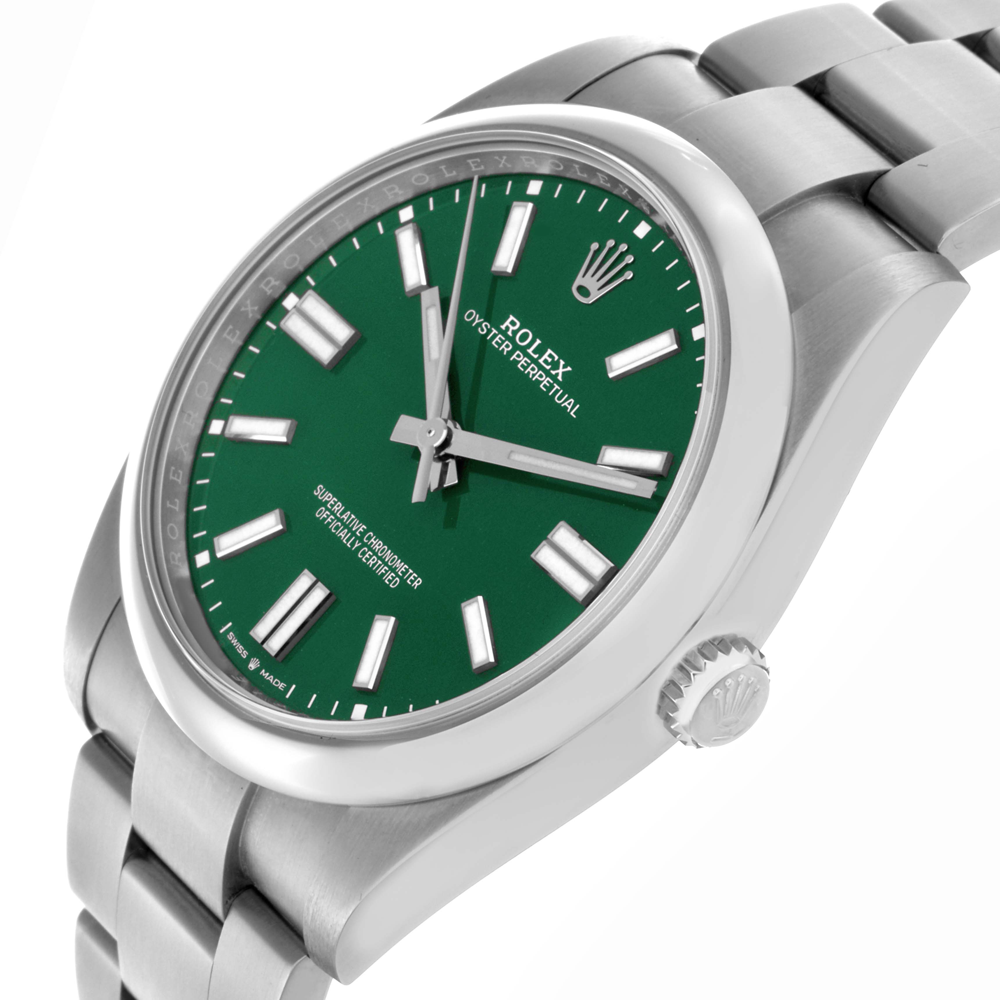 The Rolex Oyster Perpetual 124300 Men
s Stainless Steel Green Dial 124300 Men
s Stainless Steel Green Dial watch is shown at an angled side view, highlighting the dial, crown, and a portion of the bracelet.