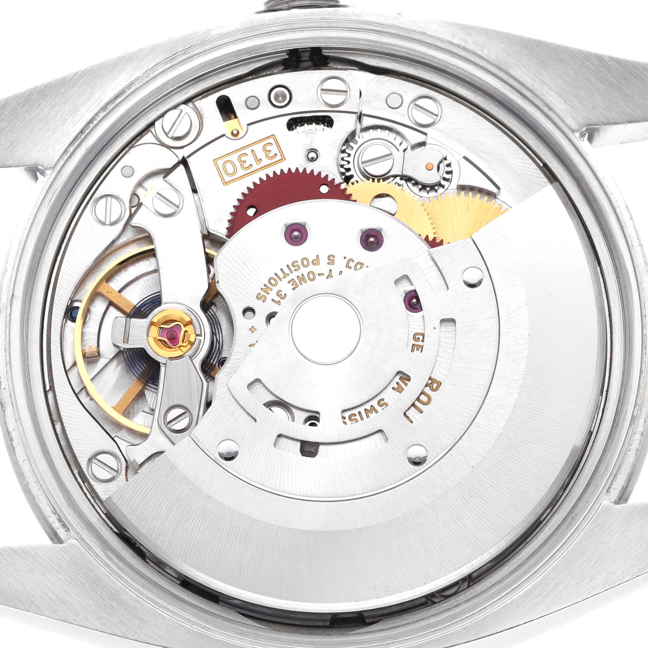 This image shows the intricate internal mechanisms of a Rolex Oyster Perpetual 114200 Men's Stainless Steel Green Dial 114200 Men's Stainless Steel Green Dial watch viewed from the back.