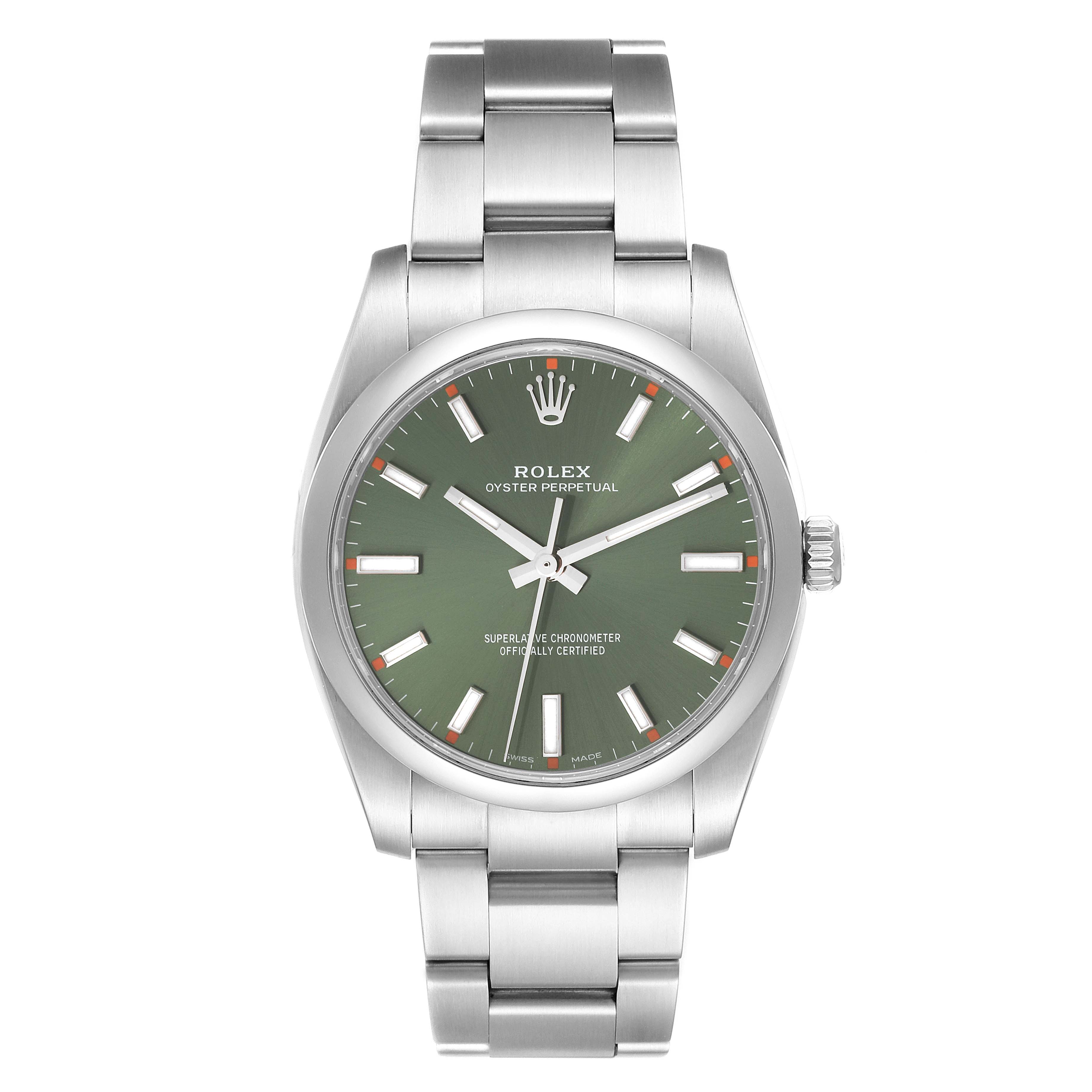 This image shows a Rolex Oyster Perpetual 114200 Men's Stainless Steel Green Dial 114200 Men's Stainless Steel Green Dial watch from a front angle, displaying its green dial, silver hands, and metal bracelet.