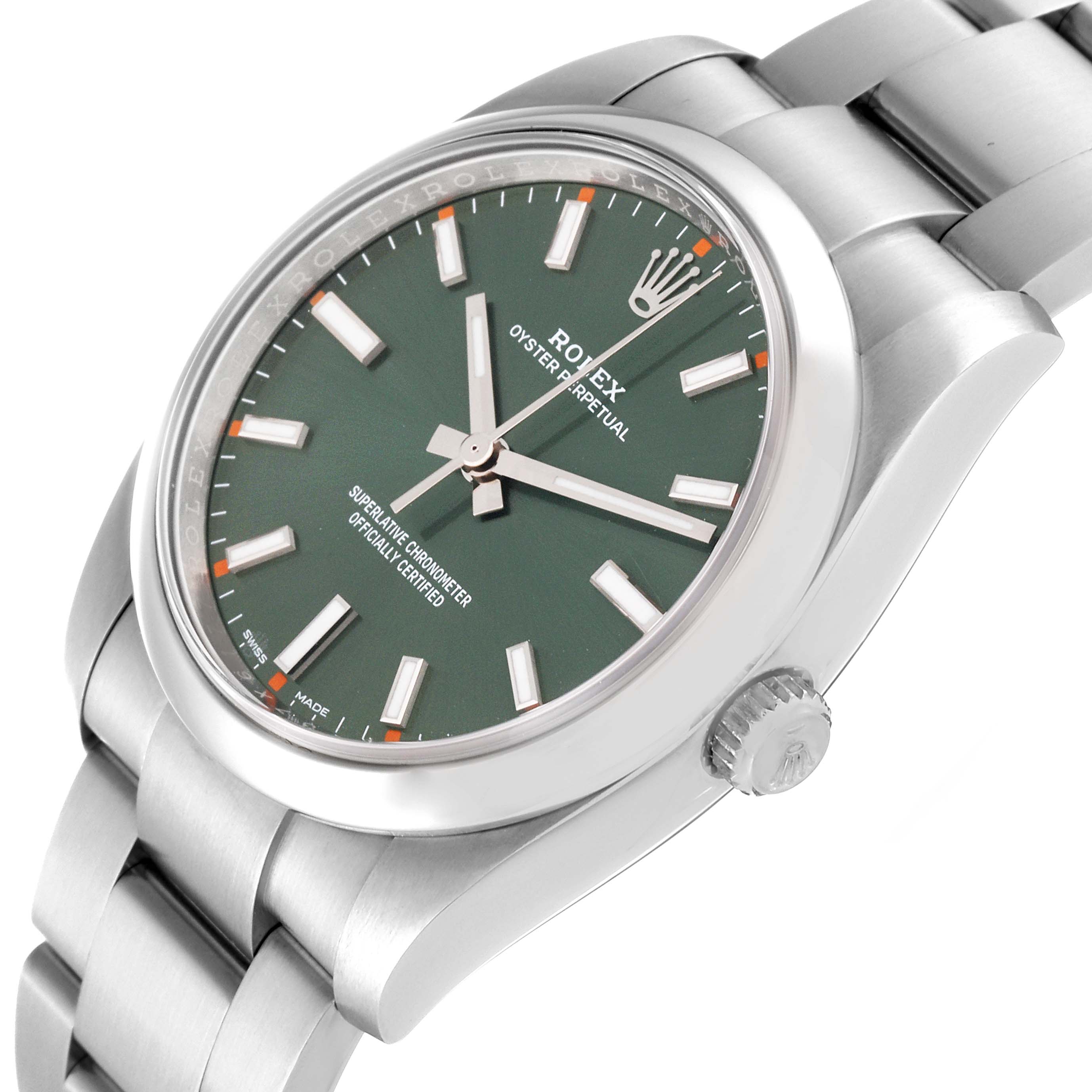 This image shows a close-up view of the Rolex Oyster Perpetual 114200 Men's Stainless Steel Green Dial 114200 Men's Stainless Steel Green Dial watch, highlighting the green dial, case, crown, and bracelet.