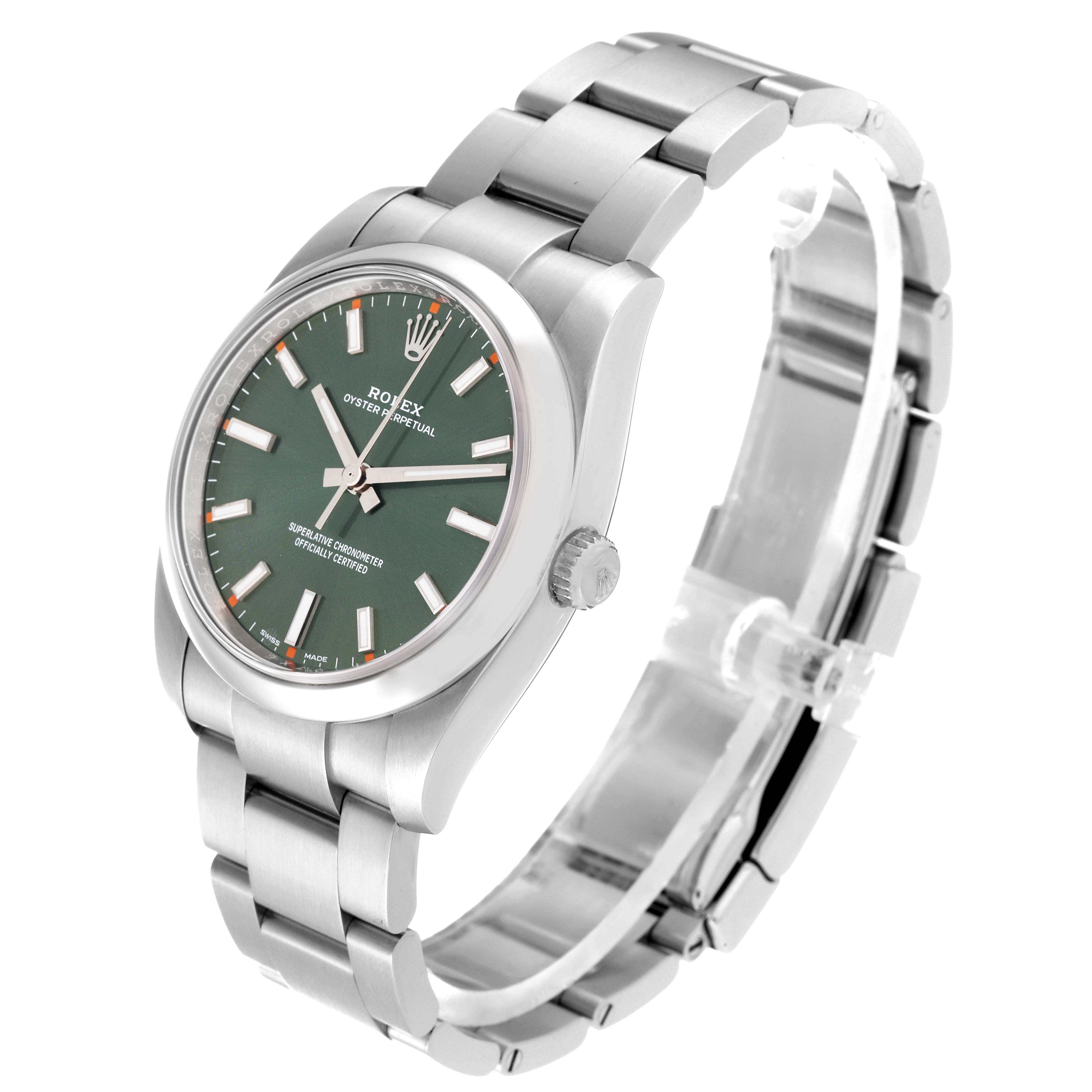 The Rolex Oyster Perpetual 114200 Men's Stainless Steel Green Dial 114200 Men's Stainless Steel Green Dial watch is shown at a slight angle, displaying the dial, case, bracelet, and crown.