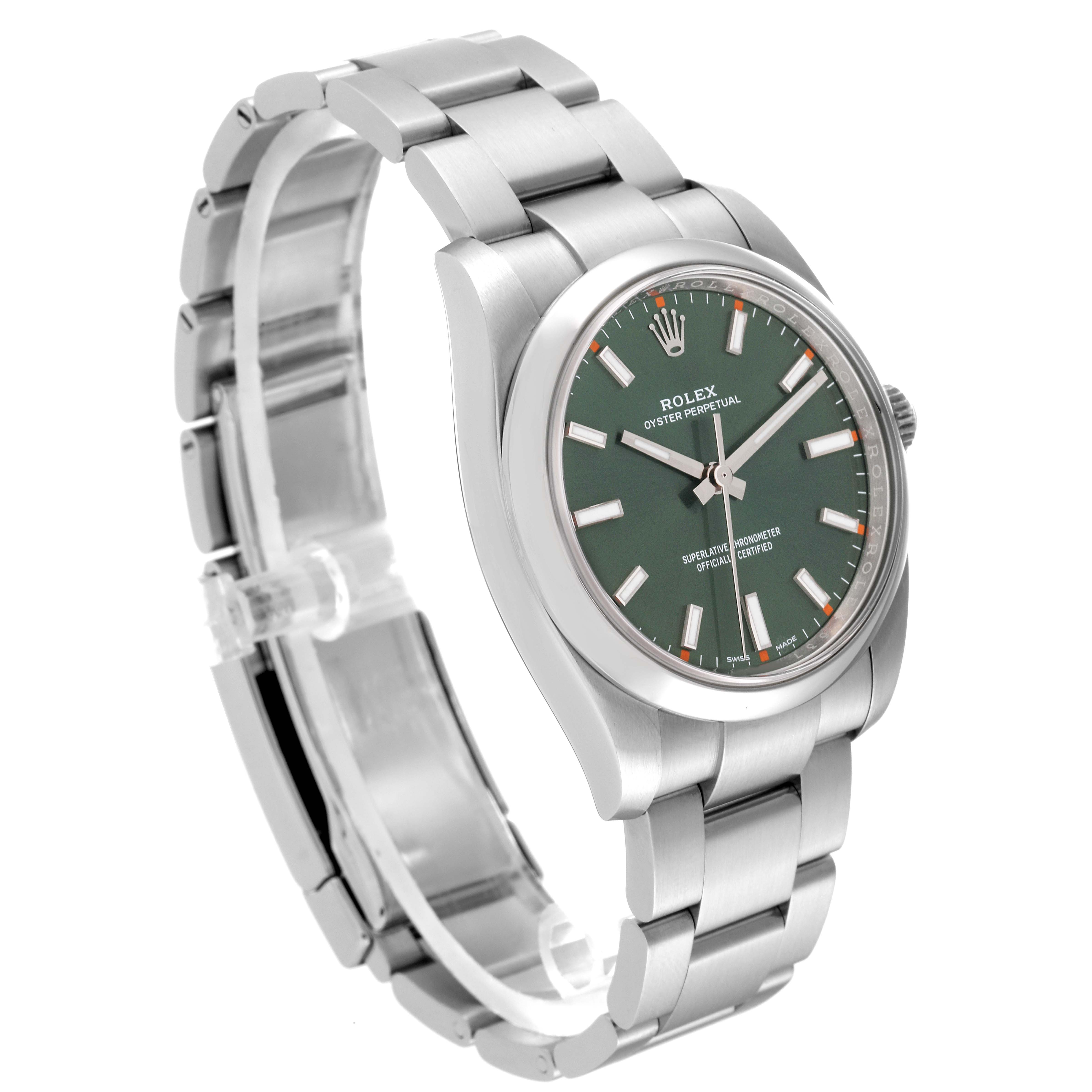 The image shows a Rolex Oyster Perpetual 114200 Men's Stainless Steel Green Dial 114200 Men's Stainless Steel Green Dial watch at a slight angle, highlighting its face, bezel, and part of the bracelet.