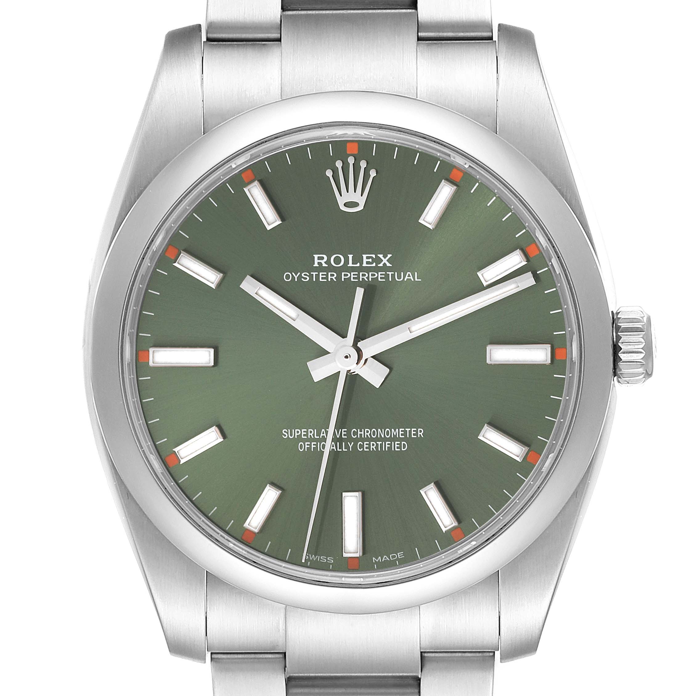 The image shows the dial and a portion of the bracelet of the Rolex Oyster Perpetual 114200 Men's Stainless Steel Green Dial 114200 Men's Stainless Steel Green Dial watch from a front angle.