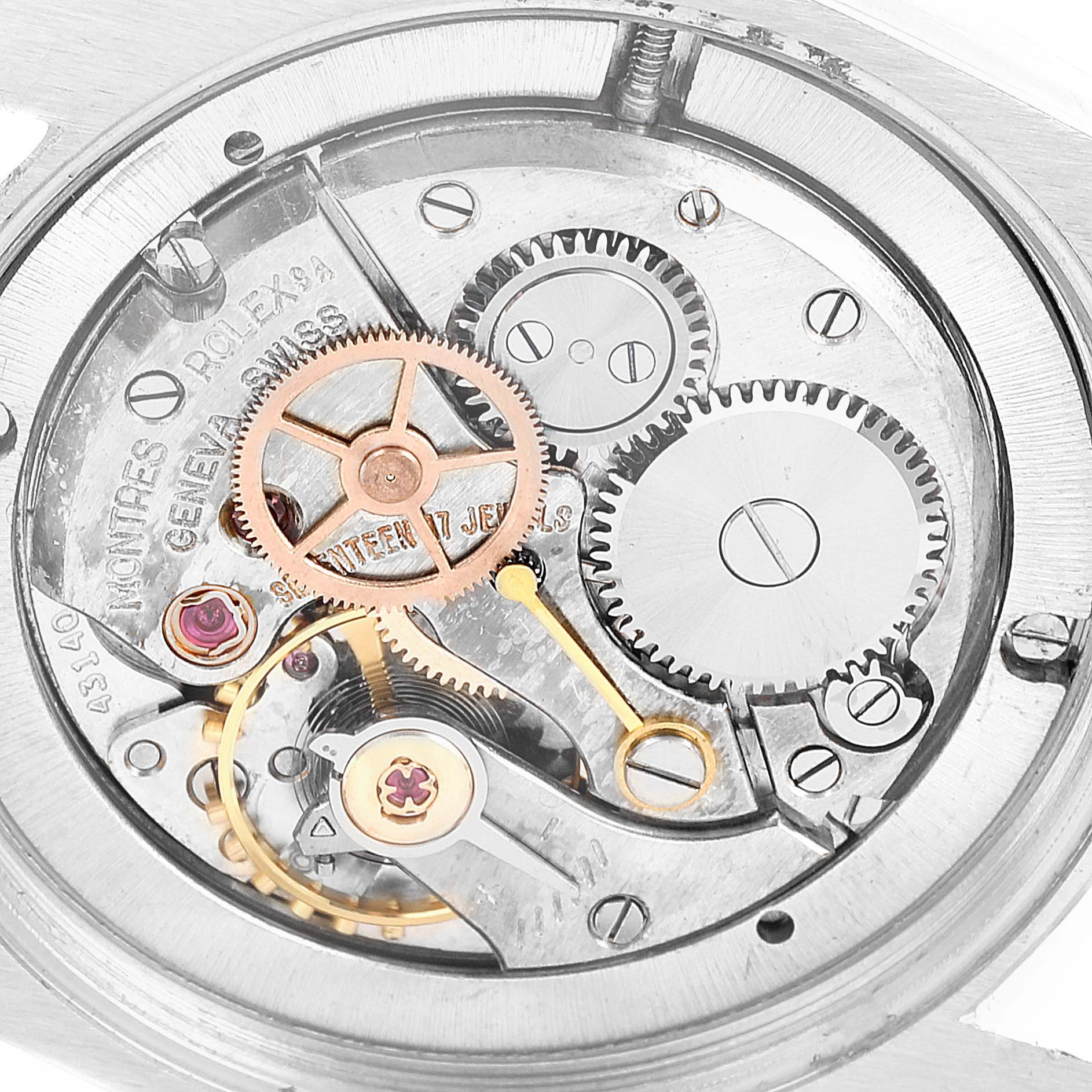 This image shows the inner mechanical workings of the Rolex Vintage Collection 6694 Men's Stainless Steel Silver Dial 6694 Men's Stainless Steel Silver Dial model from a close-up angle.