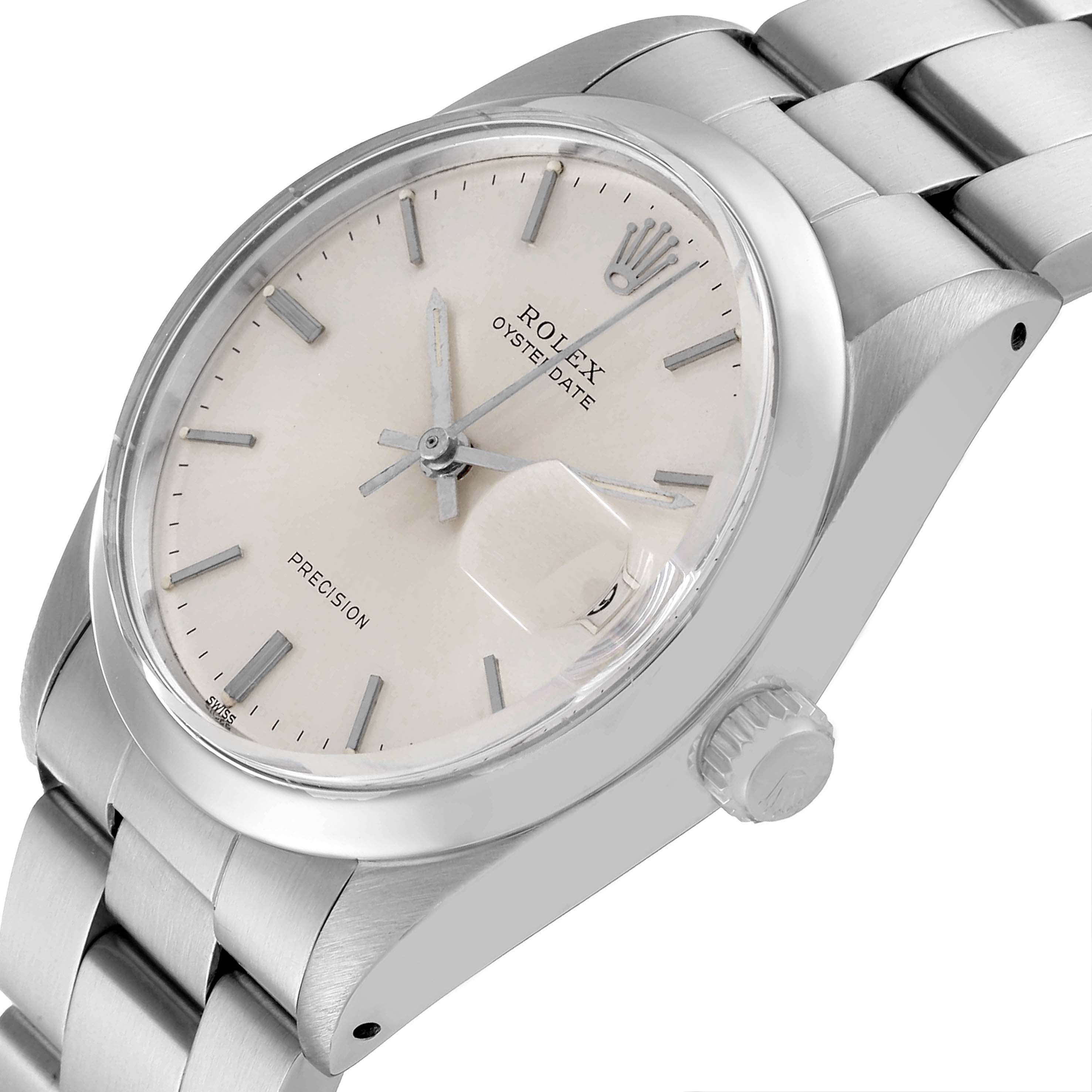 This image shows a top-side angle of the Rolex Vintage Collection 6694 Men's Stainless Steel Silver Dial 6694 Men's Stainless Steel Silver Dial Oysterdate watch, highlighting the dial, case, bracelet, and crown.