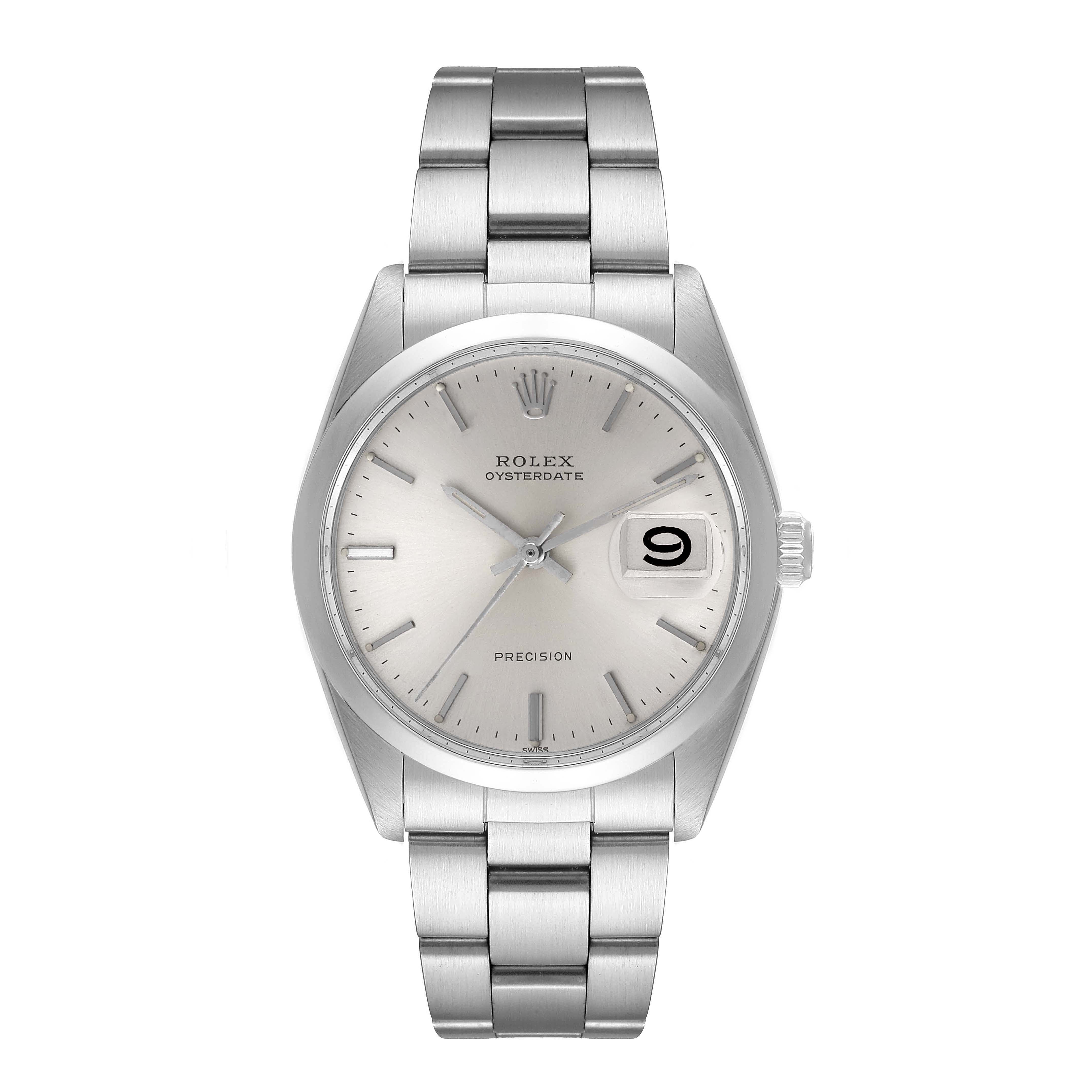 The image shows a front view of a Rolex Vintage Collection 6694 Men's Stainless Steel Silver Dial 6694 Men's Stainless Steel Silver Dial Oysterdate watch, highlighting its dial, hands, date window, and bracelet.