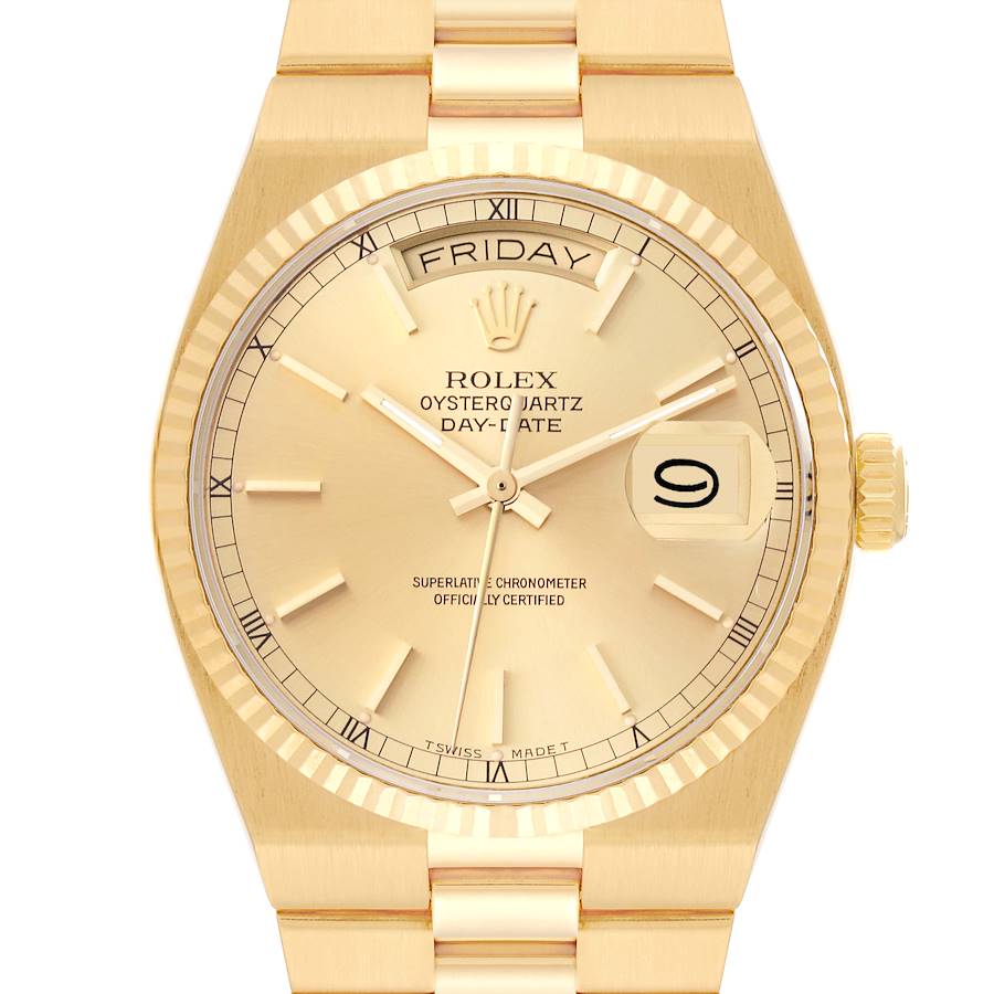 The image shows a frontal view of a Rolex President model watch, highlighting the dial, bezel, and part of the strap.
