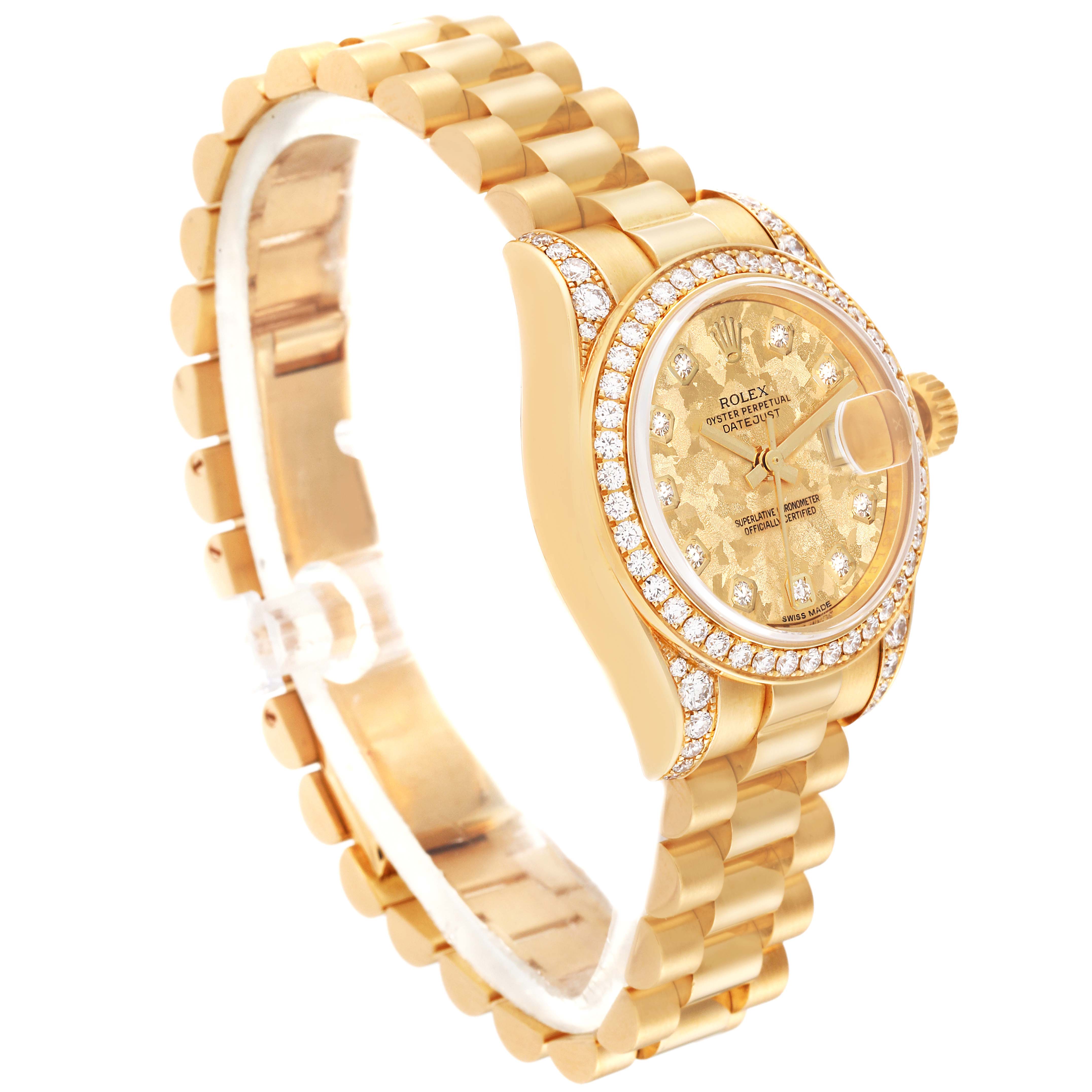 The Rolex President 179158 Women
s Yellow Gold Champagne Dial 179158 Women
s Yellow Gold Champagne Dial model watch is shown from a tilted angle, highlighting its gold bracelet and diamond-encrusted bezel and dial.