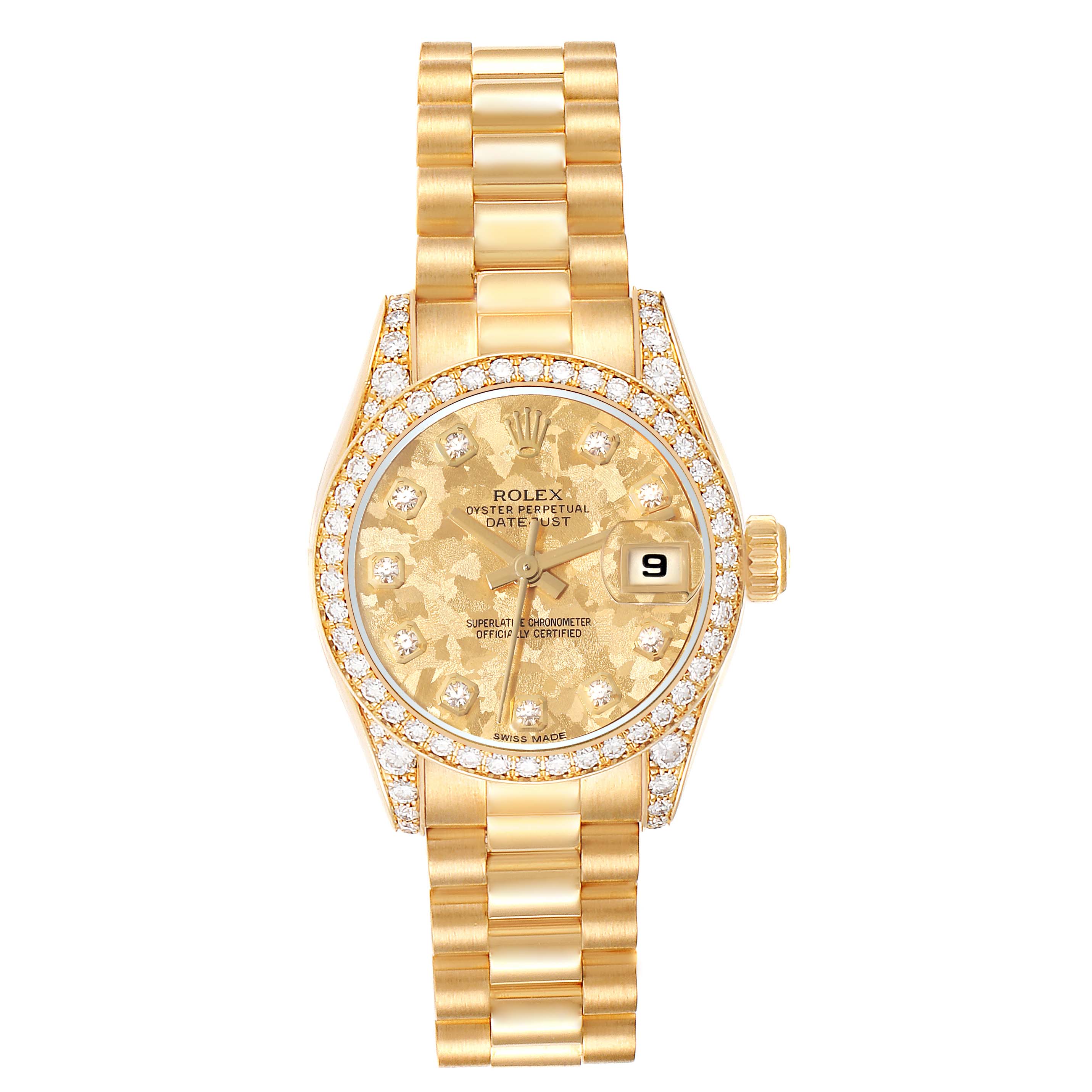 The image shows a front view of the Rolex President 179158 Women
s Yellow Gold Champagne Dial 179158 Women
s Yellow Gold Champagne Dial model watch, highlighting the dial, bezel with diamonds, and bracelet.