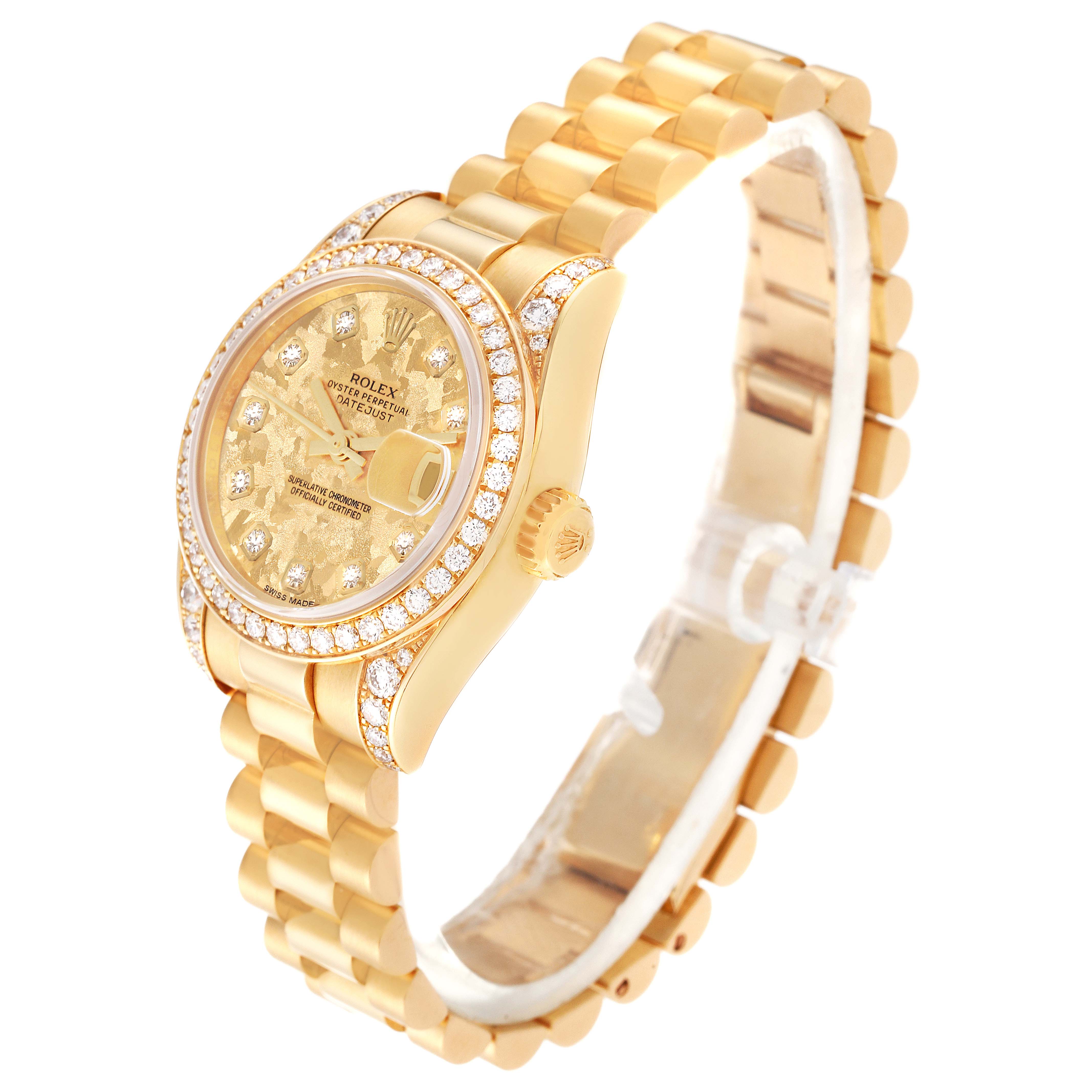 The Rolex President 179158 Women
s Yellow Gold Champagne Dial 179158 Women
s Yellow Gold Champagne Dial model watch is shown at an oblique angle displaying the dial, bezel, crown, and bracelet.