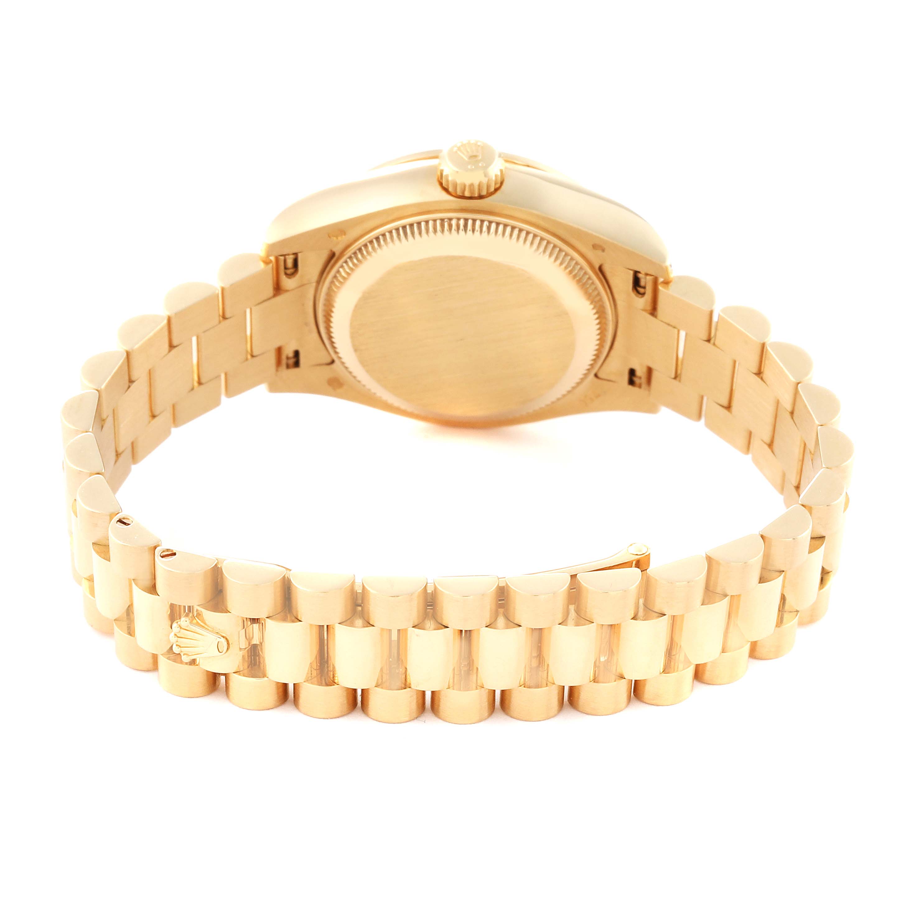 The image shows the back view of a Rolex President 179158 Women
s Yellow Gold Champagne Dial 179158 Women
s Yellow Gold Champagne Dial model watch, featuring the bracelet and case back.