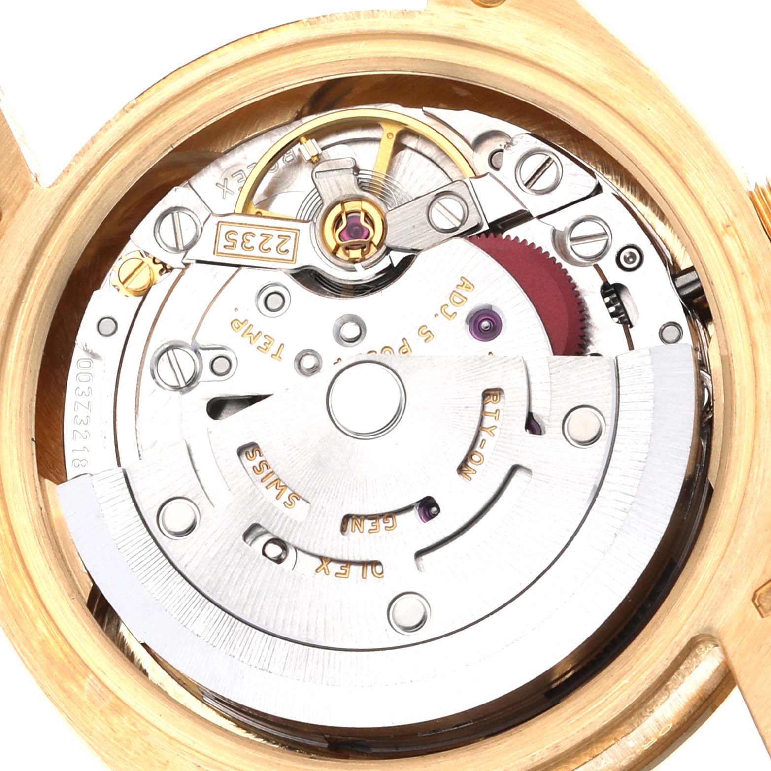 The image shows an open case back of a Rolex President 179158 Women
s Yellow Gold Champagne Dial 179158 Women
s Yellow Gold Champagne Dial watch, revealing the intricate inner movement and mechanism components.