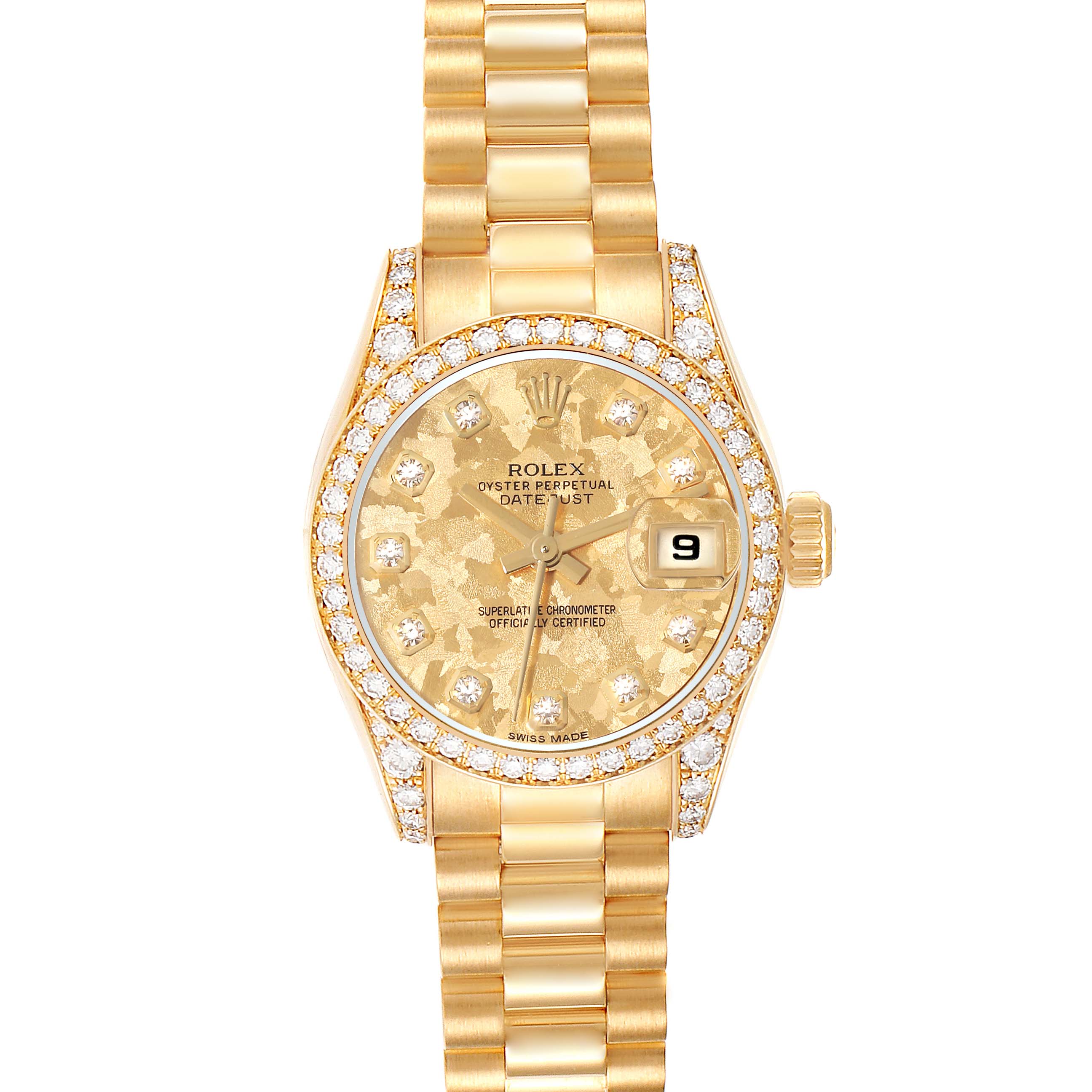 This image shows a Rolex President 179158 Women
s Yellow Gold Champagne Dial 179158 Women
s Yellow Gold Champagne Dial model watch from a top-down angle, focusing on the dial, bezel, and bracelet.