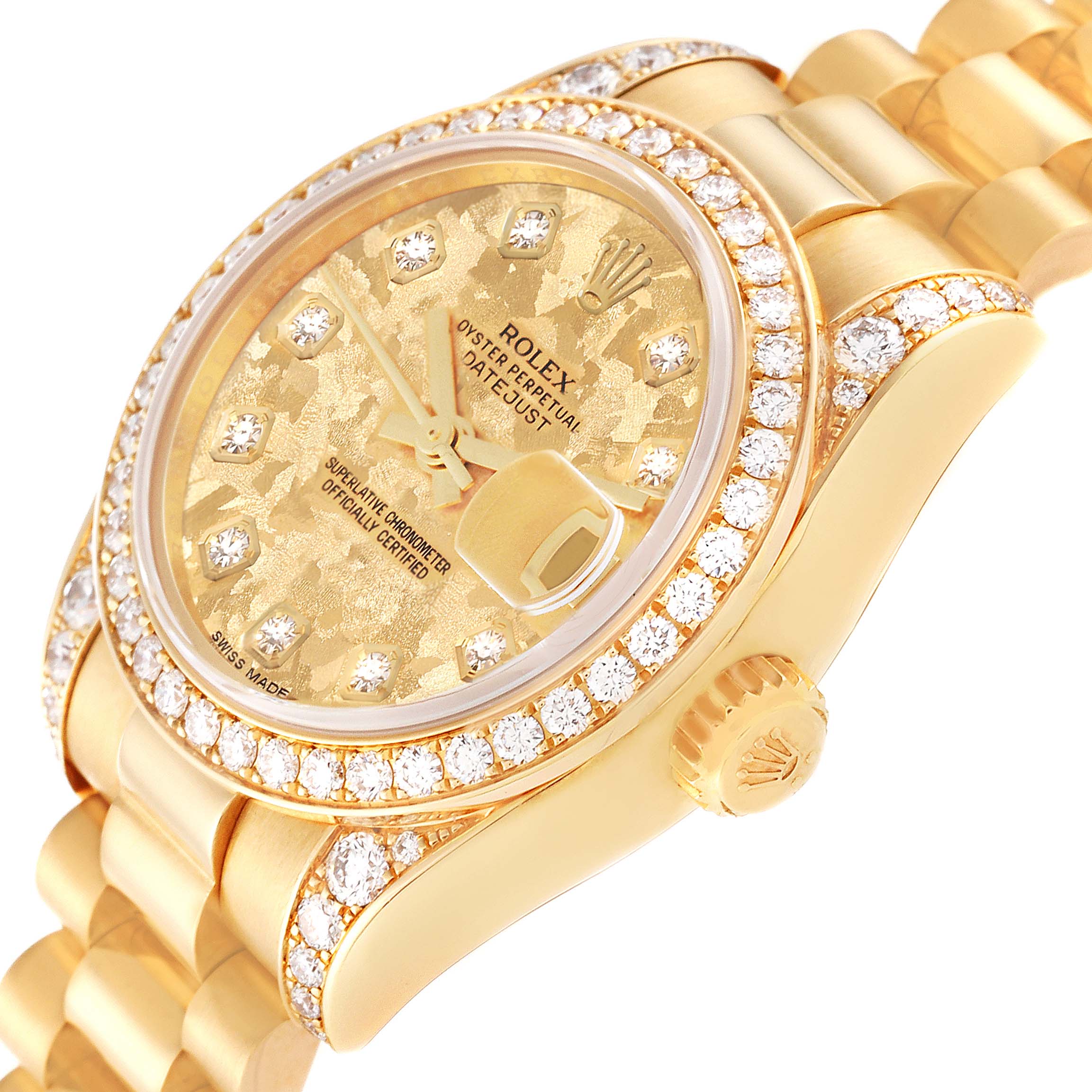 This image shows a close-up of the dial, bezel, and bracelet of the Rolex President 179158 Women
s Yellow Gold Champagne Dial 179158 Women
s Yellow Gold Champagne Dial model watch.