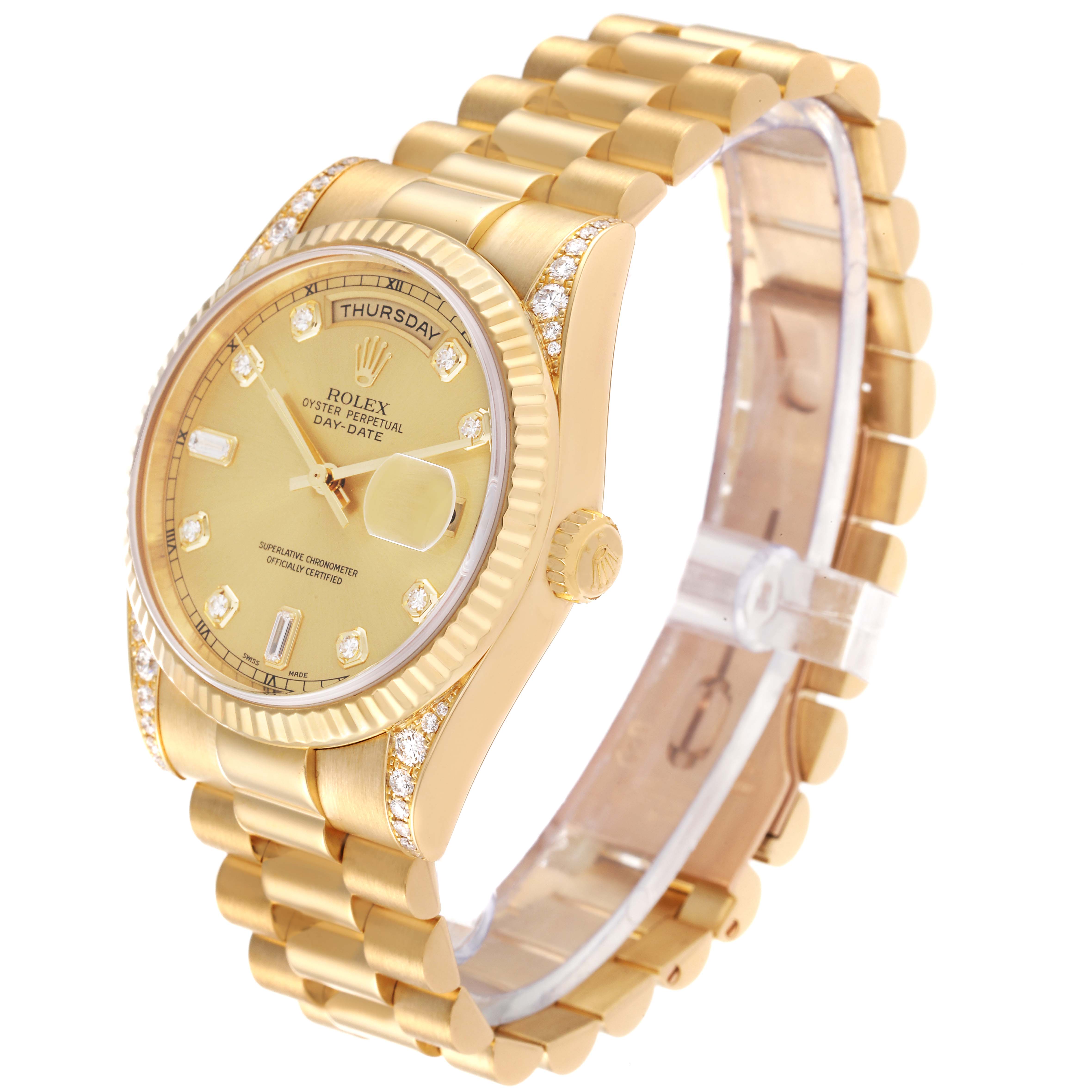 The image shows a Rolex President 118338 Men
s Yellow Gold Champagne Dial 118338 Men
s Yellow Gold Champagne Dial model watch at a three-quarter angle highlighting the face, crown, and bracelet.