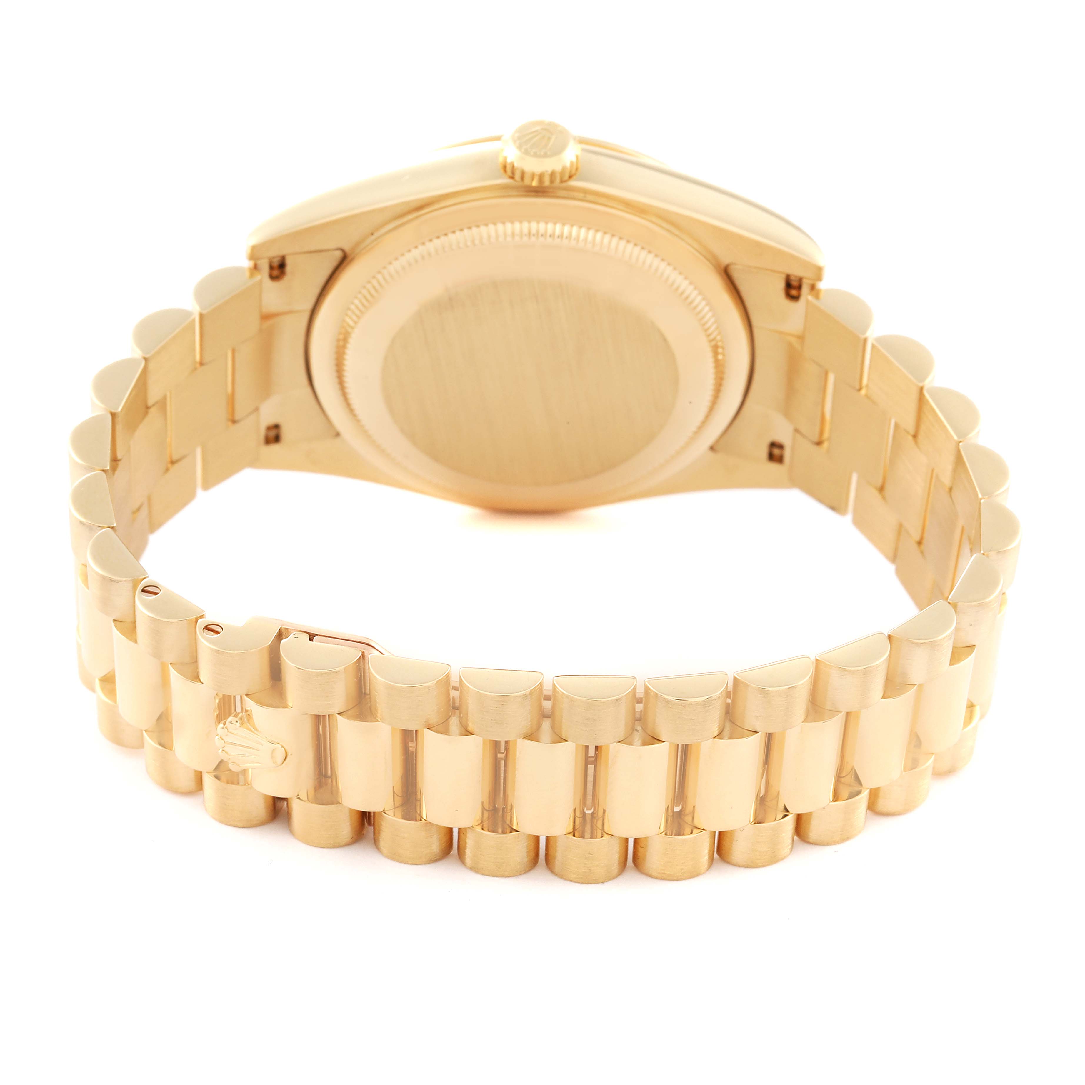 The image shows the back view of a Rolex President 118338 Men
s Yellow Gold Champagne Dial 118338 Men
s Yellow Gold Champagne Dial model watch, including the case back, crown, and bracelet.