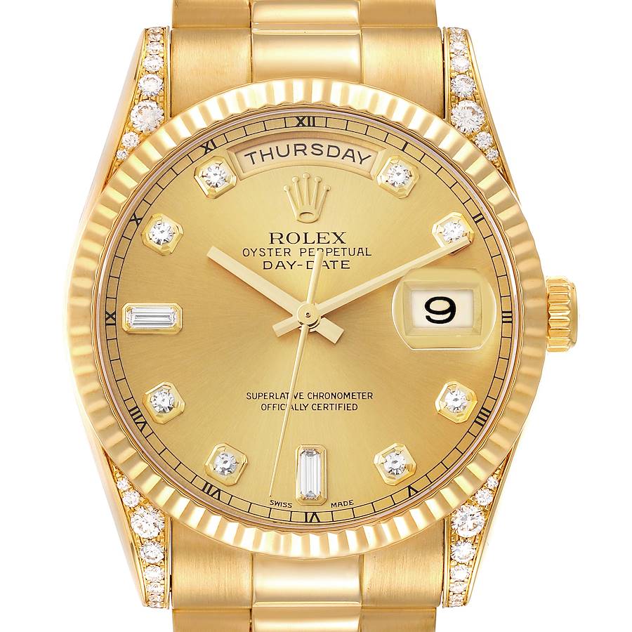 Rolex President Day Date 18k Yellow Gold Diamond Lugs Watch 118338 Box Papers SwissWatchExpo