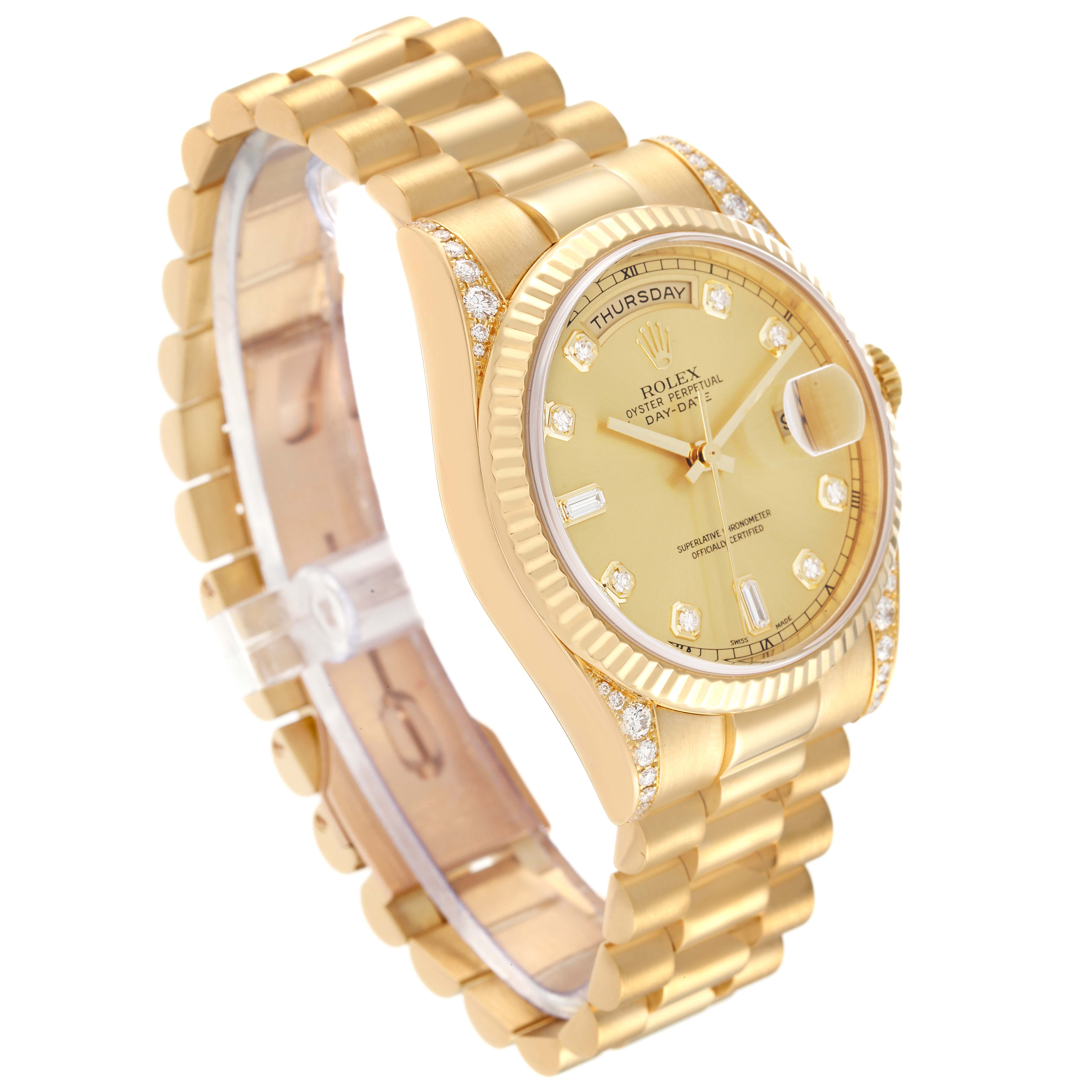 The image shows a Rolex President 118338 Men
s Yellow Gold Champagne Dial 118338 Men
s Yellow Gold Champagne Dial model watch from an angled perspective, highlighting its gold band, dial, and diamond-accented bezel.