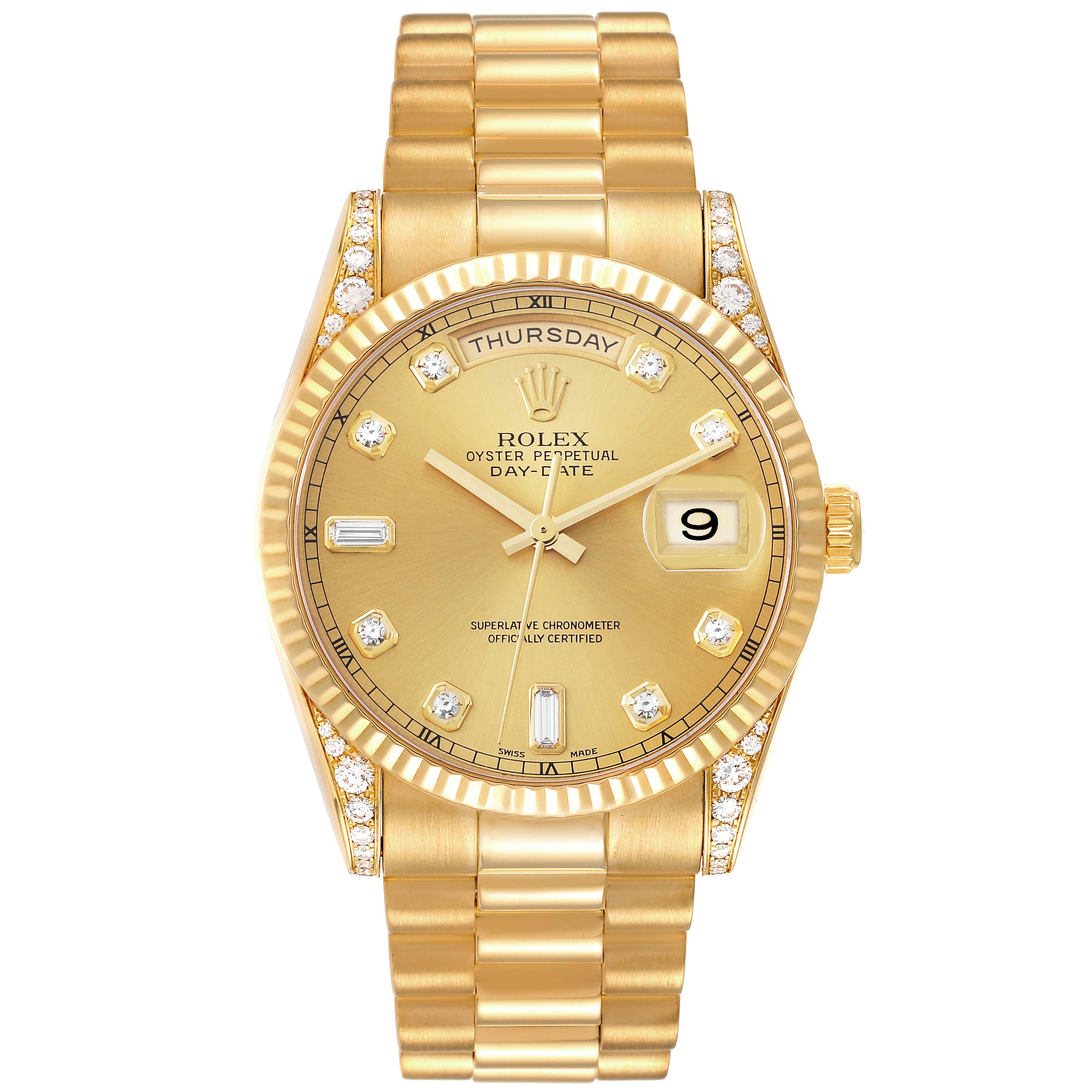 The Rolex President 118338 Men
s Yellow Gold Champagne Dial 118338 Men
s Yellow Gold Champagne Dial model watch is shown from a front angle, displaying the dial, bracelet, bezel, and crown.