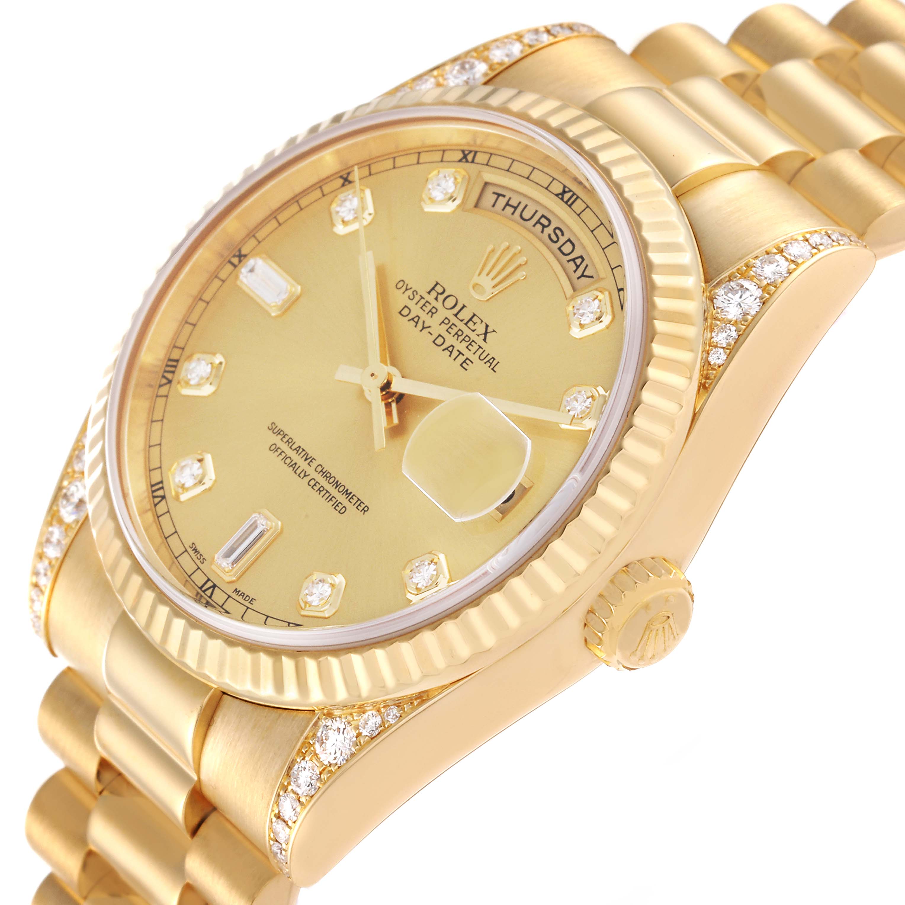 The Rolex President 118338 Men
s Yellow Gold Champagne Dial 118338 Men
s Yellow Gold Champagne Dial model watch is shown at an oblique angle, highlighting the face, bezel, crown, and bracelet.