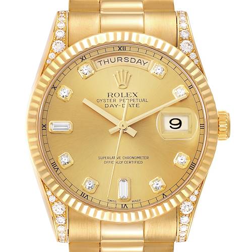 Photo of Rolex President Day Date 18k Yellow Gold Diamond Lugs Watch 118338 Box Papers