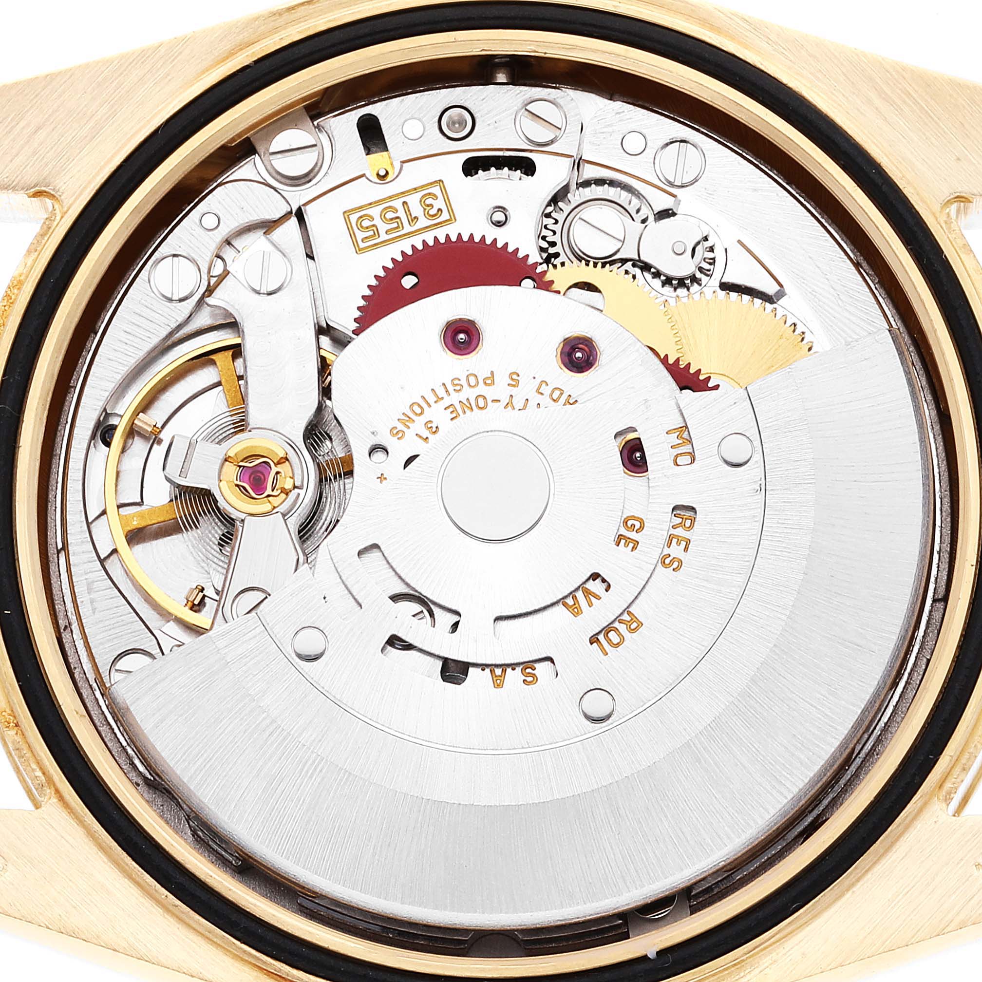 This image shows the internal mechanism of a Rolex President 118338 Men
s Yellow Gold Champagne Dial 118338 Men
s Yellow Gold Champagne Dial model watch, viewed from the back without the case back.