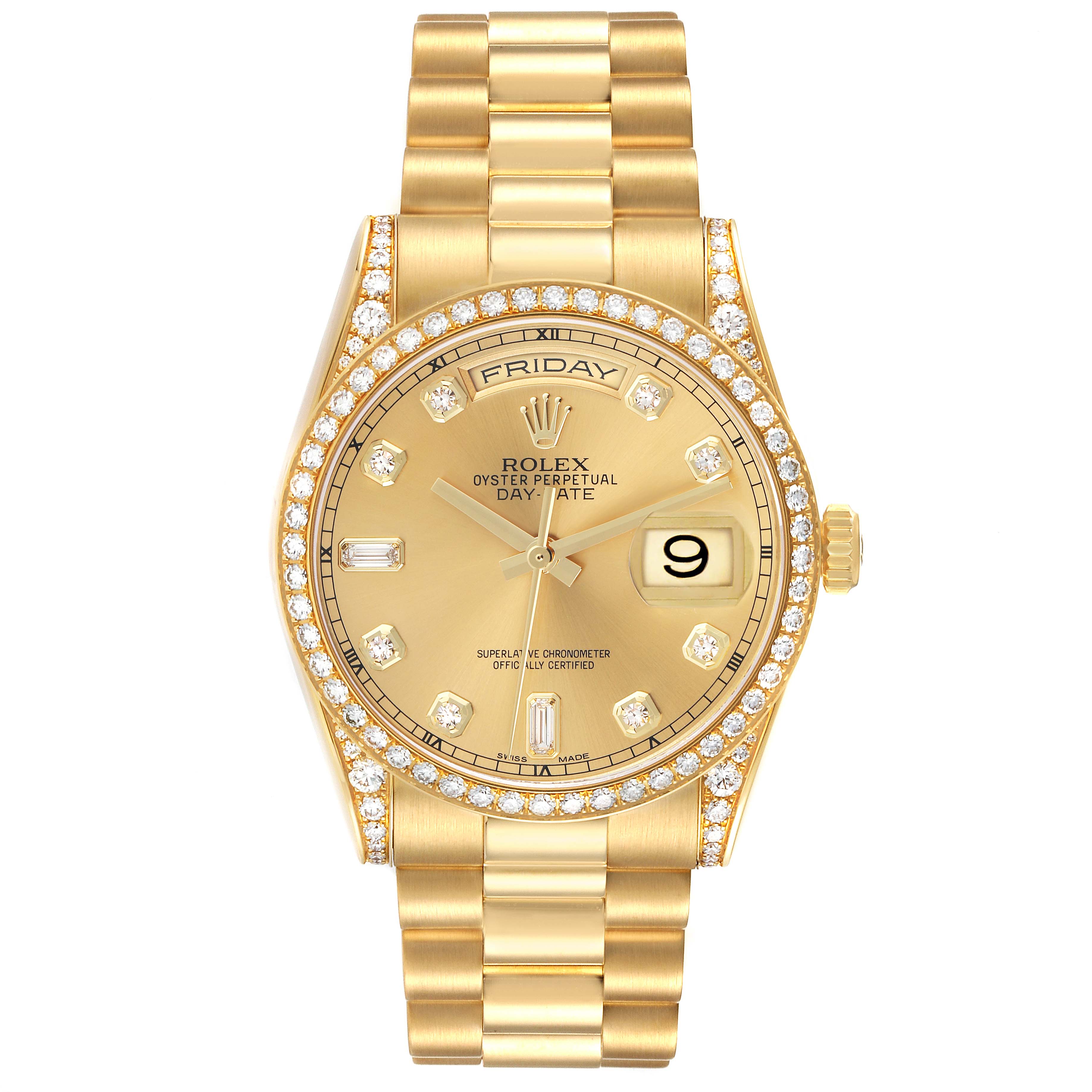 The Rolex President 118388 Men
s Yellow Gold Champagne Dial 118388 Men
s Yellow Gold Champagne Dial model watch is shown from a top-down angle, displaying the dial, bezel, bracelet, and crown.
