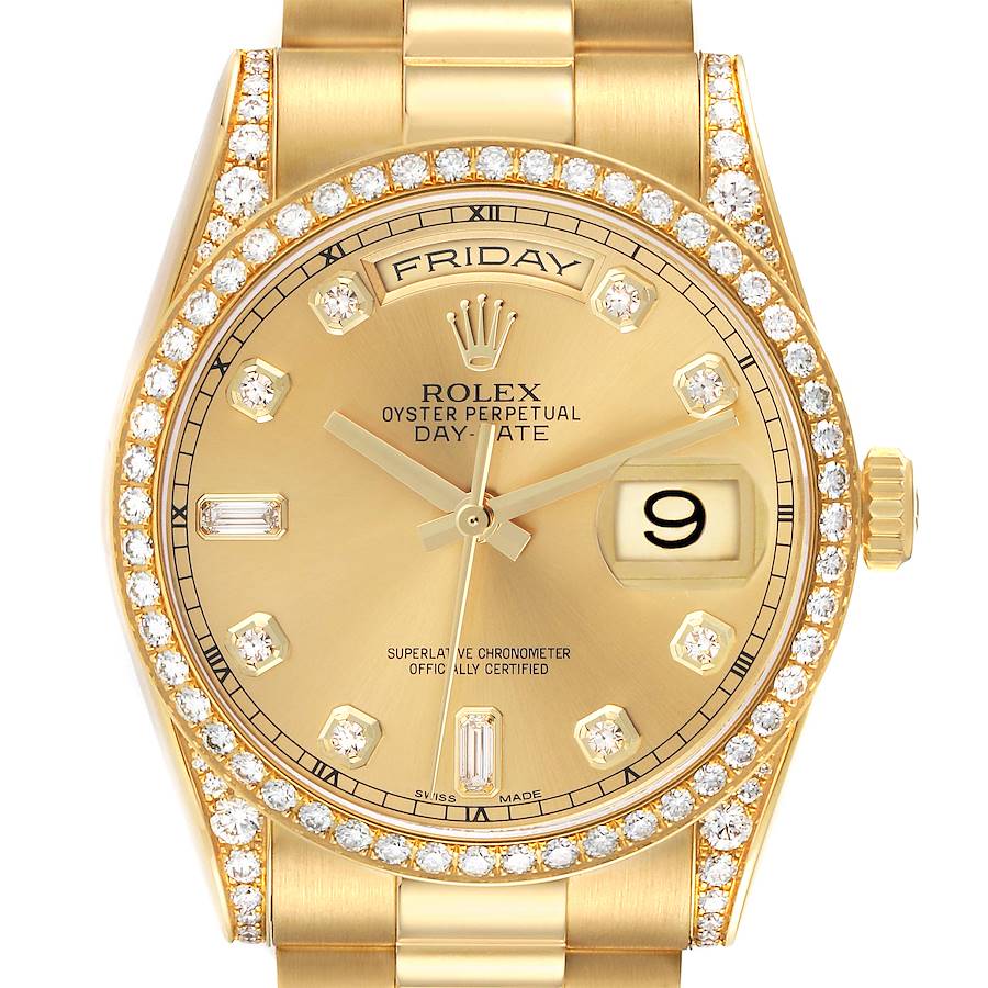 The Rolex President model is shown from a frontal angle, highlighting its diamond bezel, gold case, and bracelet.