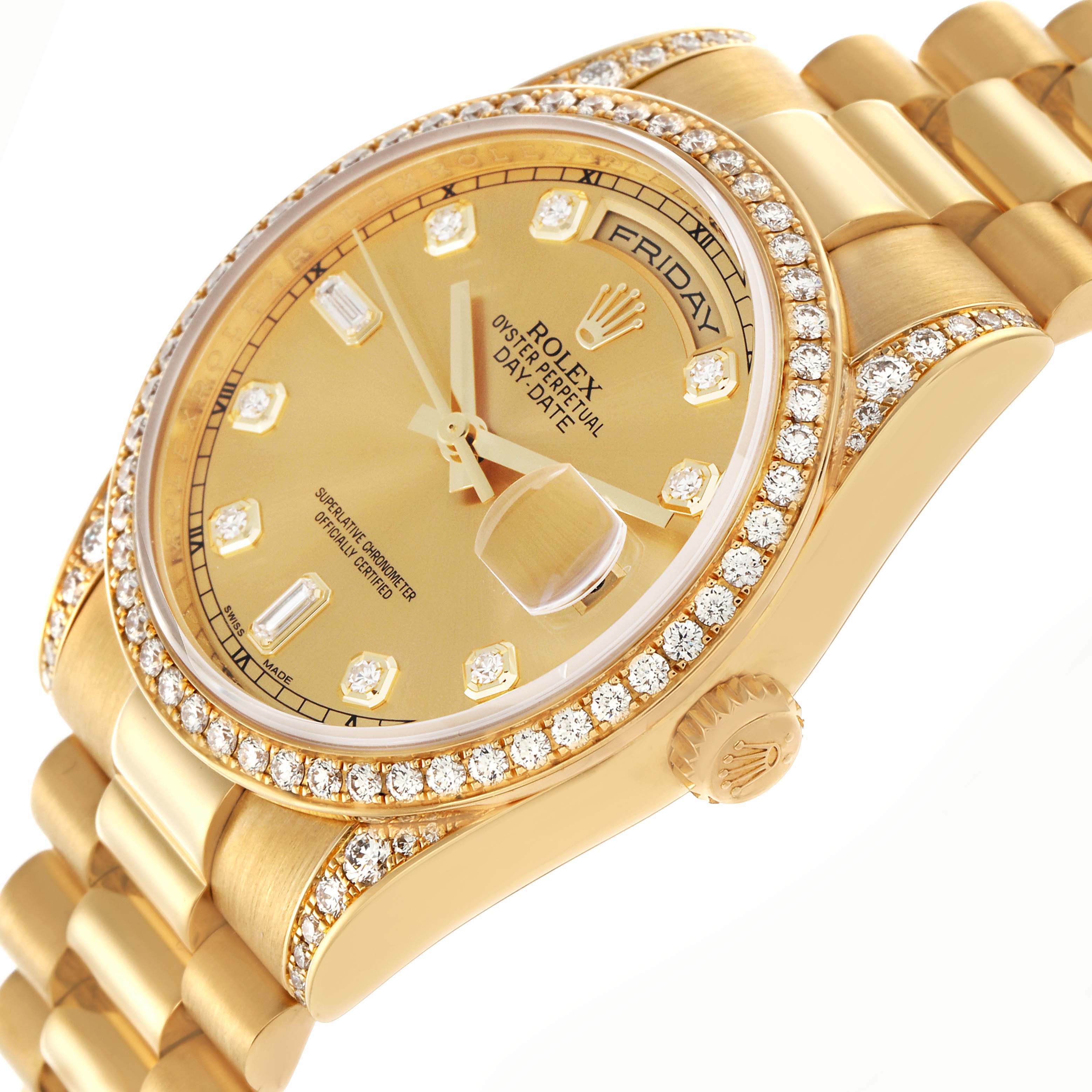 The Rolex President 118388 Men
s Yellow Gold Champagne Dial 118388 Men
s Yellow Gold Champagne Dial model watch is shown at an angle highlighting the gold dial, diamond bezel, and part of the bracelet.