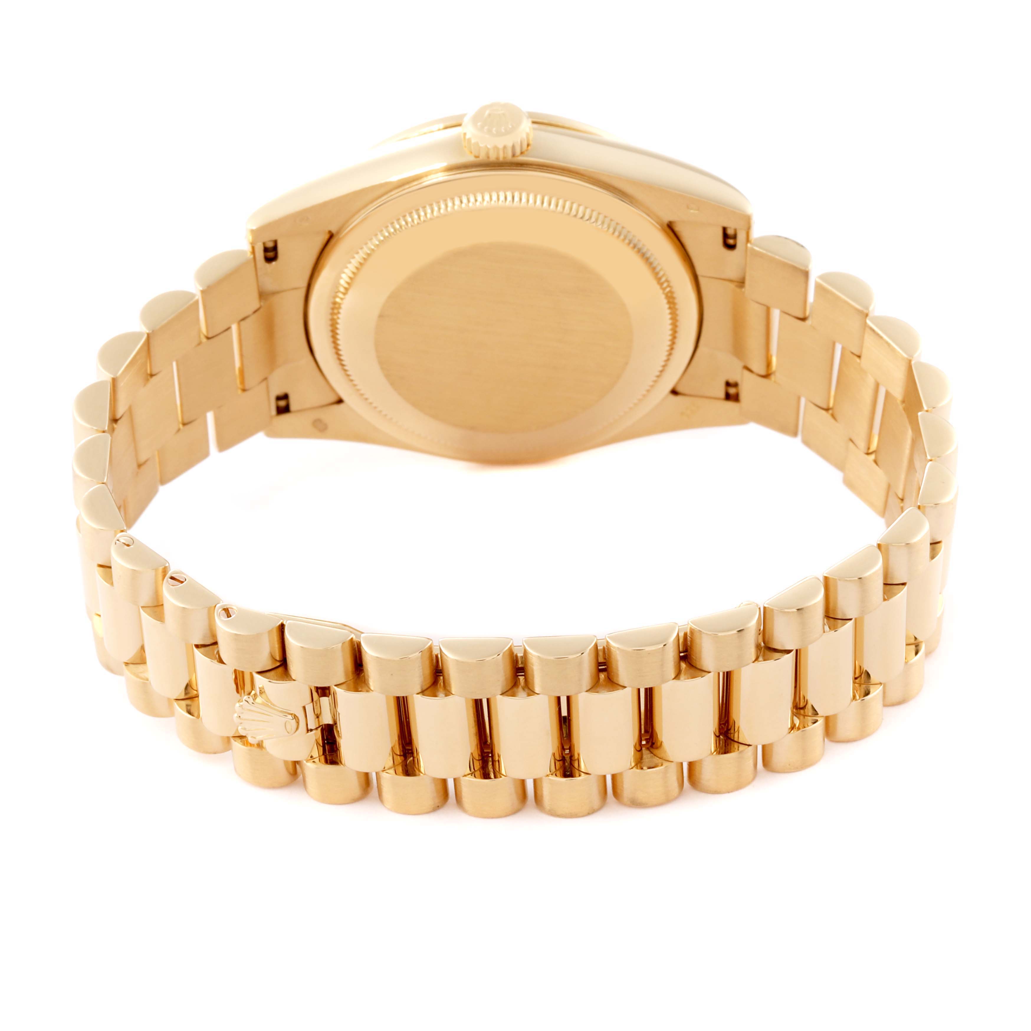 This image shows the back view of a Rolex President 118388 Men
s Yellow Gold Champagne Dial 118388 Men
s Yellow Gold Champagne Dial model watch, highlighting its bracelet and case back.